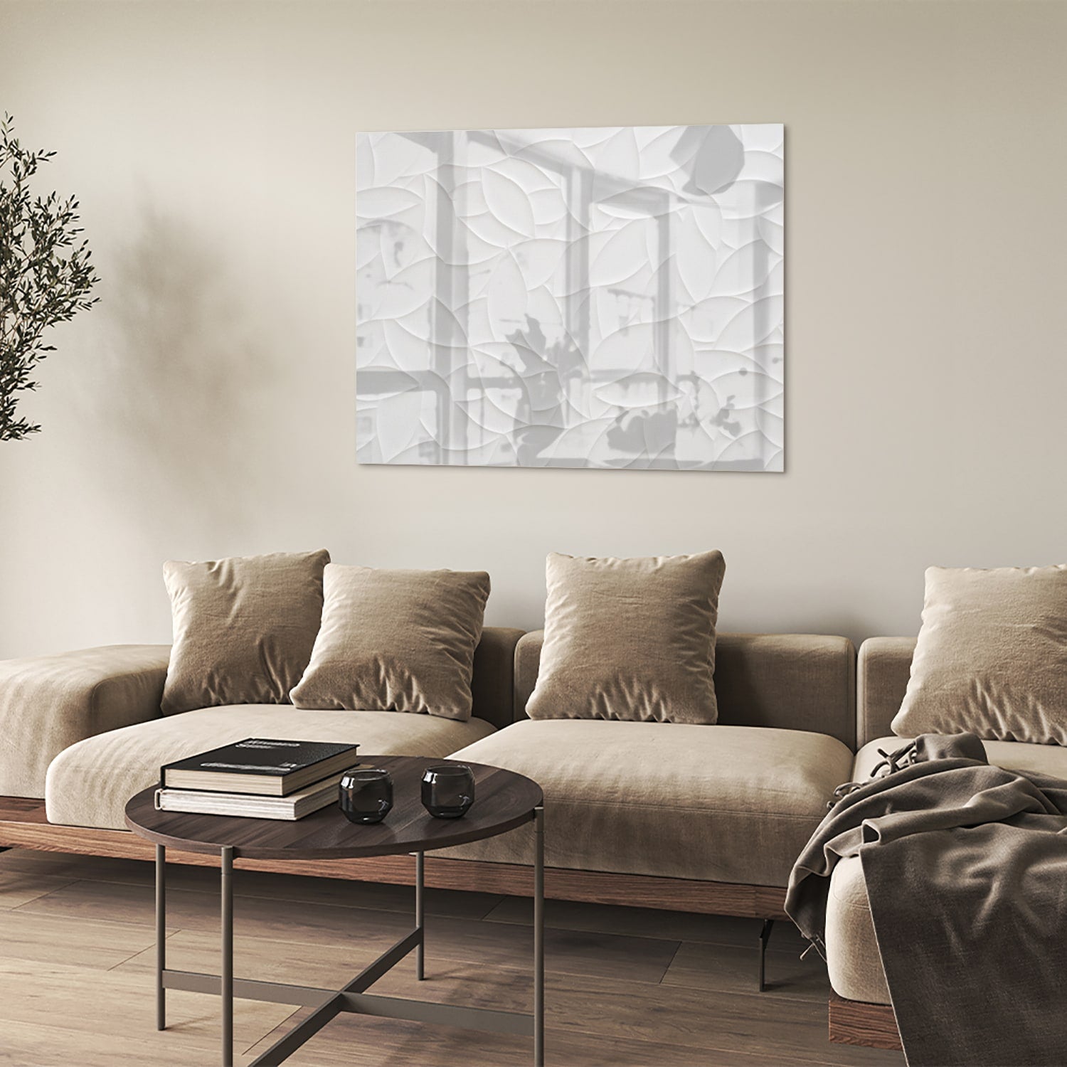 Glazen schilderij met textuur in wit, perfect voor moderne interieurs.