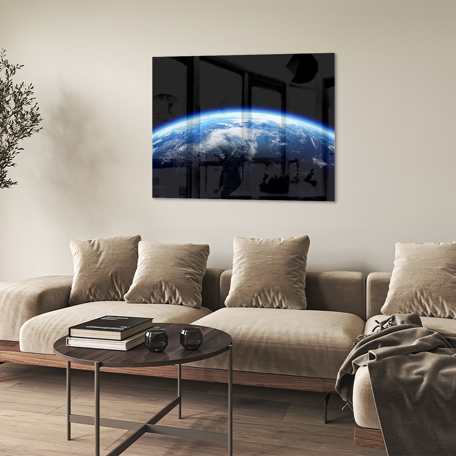 Glazen schilderij met een afbeelding van de aarde en blauwe lucht, perfect voor een moderne inrichting.