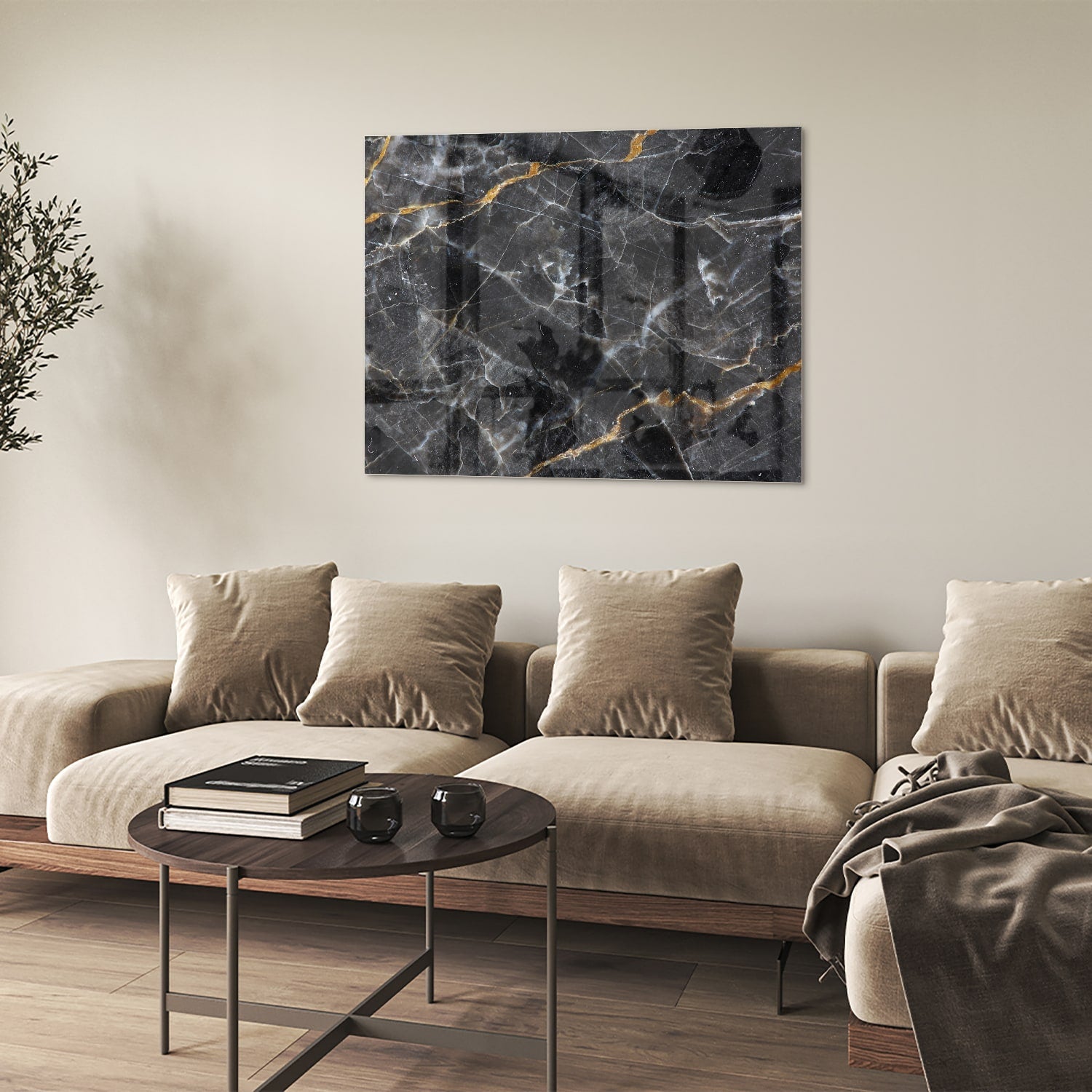Elegant glazen schilderij met marmerpatroon in zwart en goud