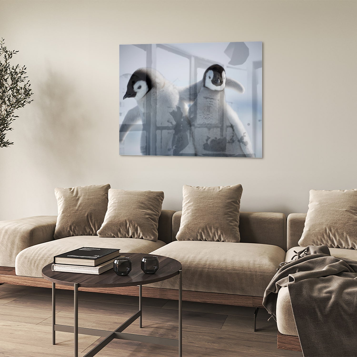 Glazen schilderij van twee pinguns in een winterlandschap.