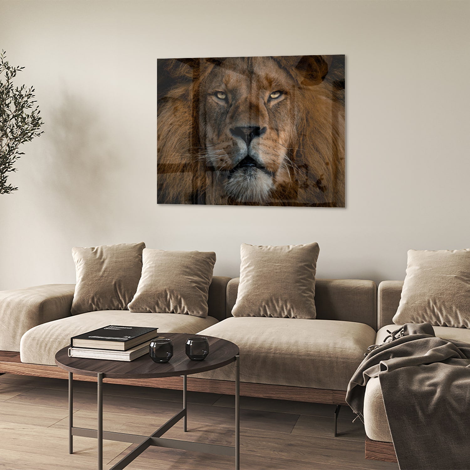Glazen schilderij van een leeuw, een krachtige uitstraling voor de wand.