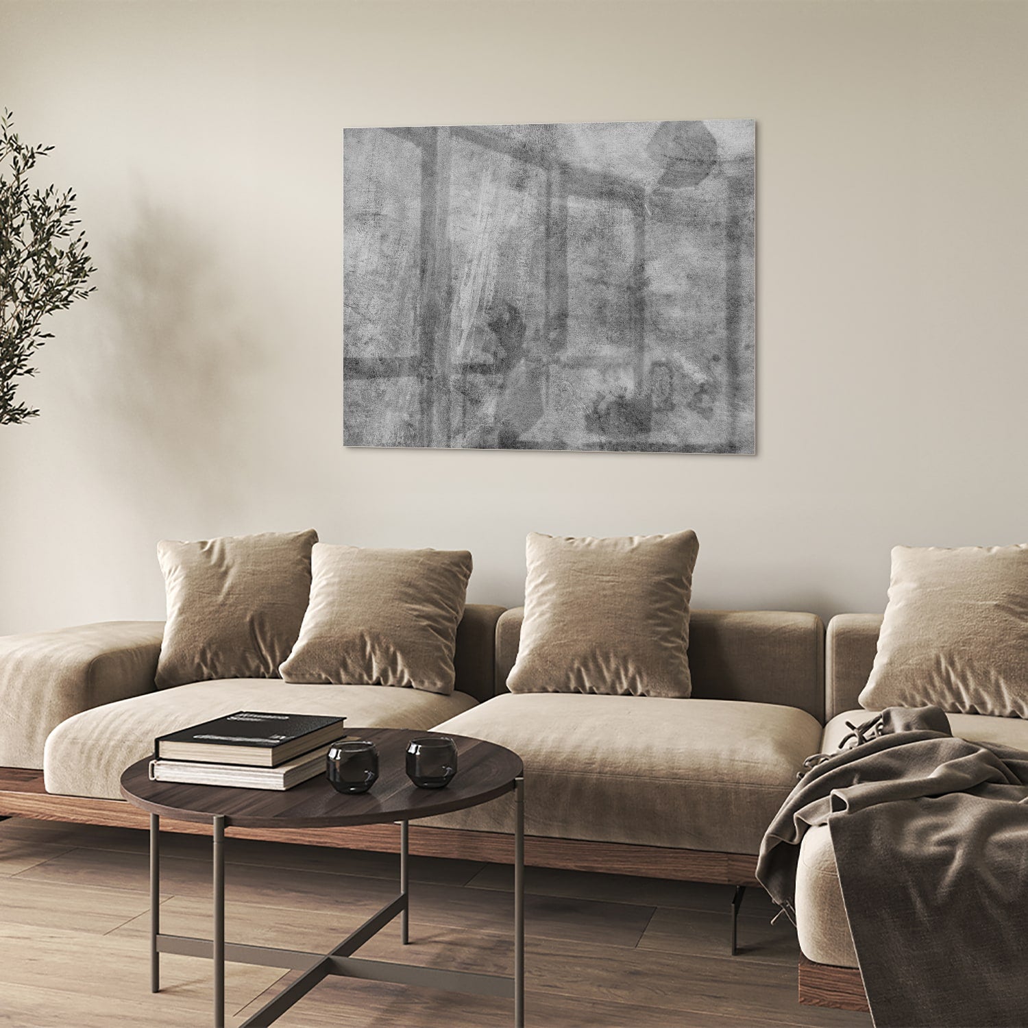 Abstract glazen schilderij in grijstinten op een witte muur.