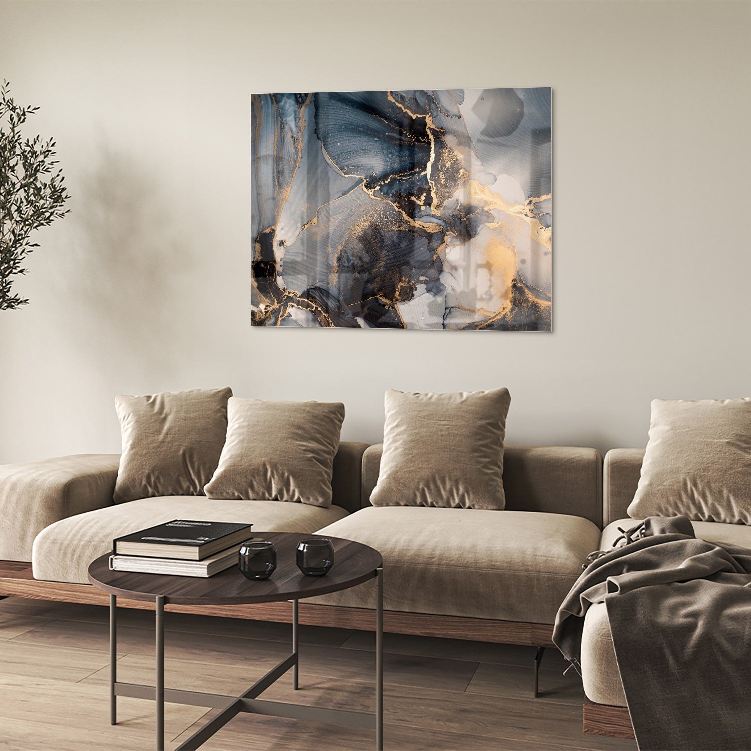 Elegant glazen schilderij met blauwe en gouden abstracte lagen