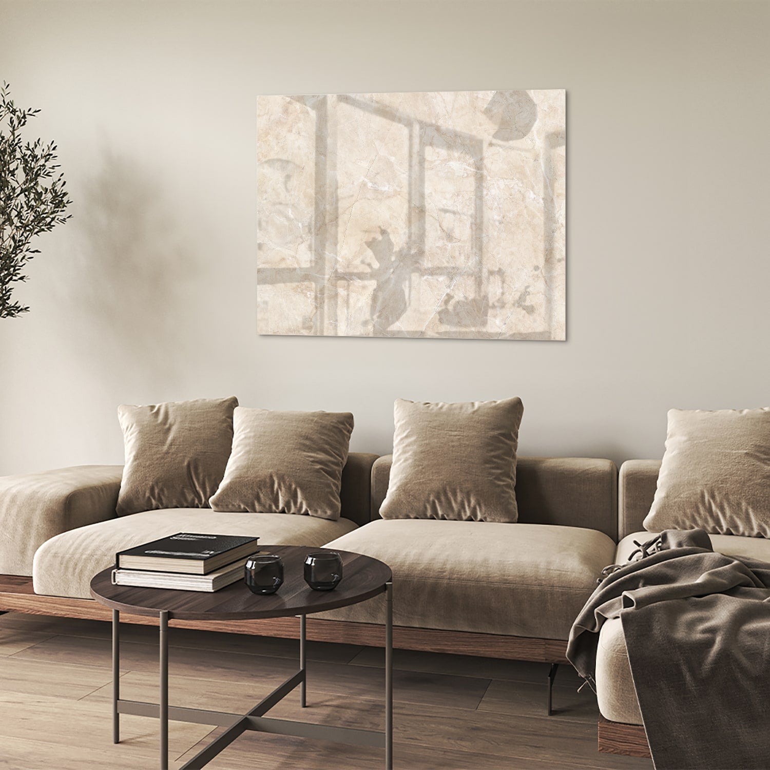 Een elegant glazen schilderij met natuurlijke tinten, perfect voor sfeervolle woonruimtes.