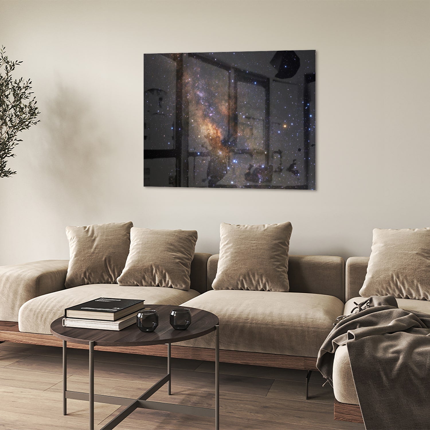Glazen schilderij van het universum met sterren en nevels