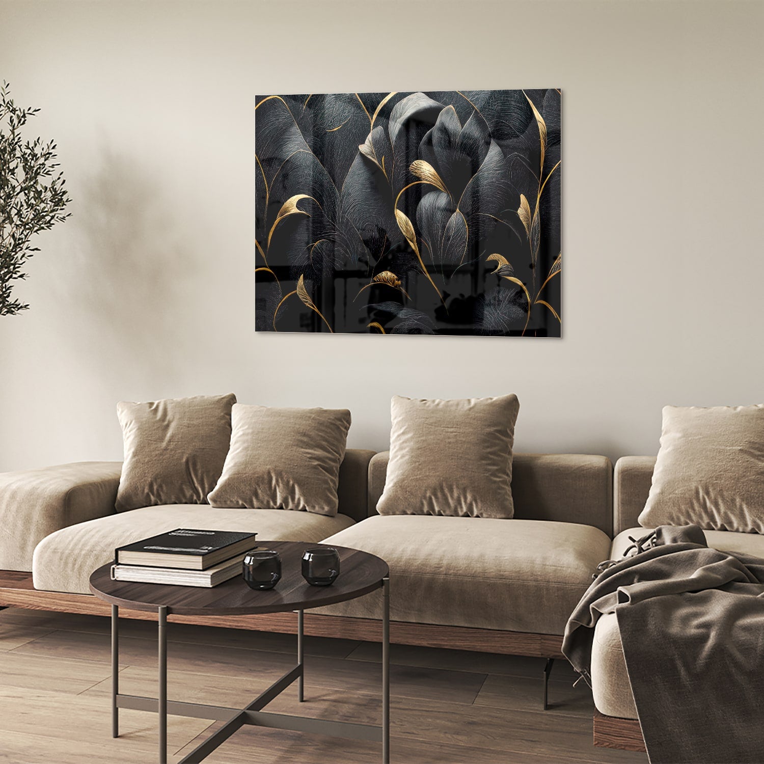 Glazen schilderij met gouden bladeren op een zwarte achtergrond, perfect voor interieur decoratie.