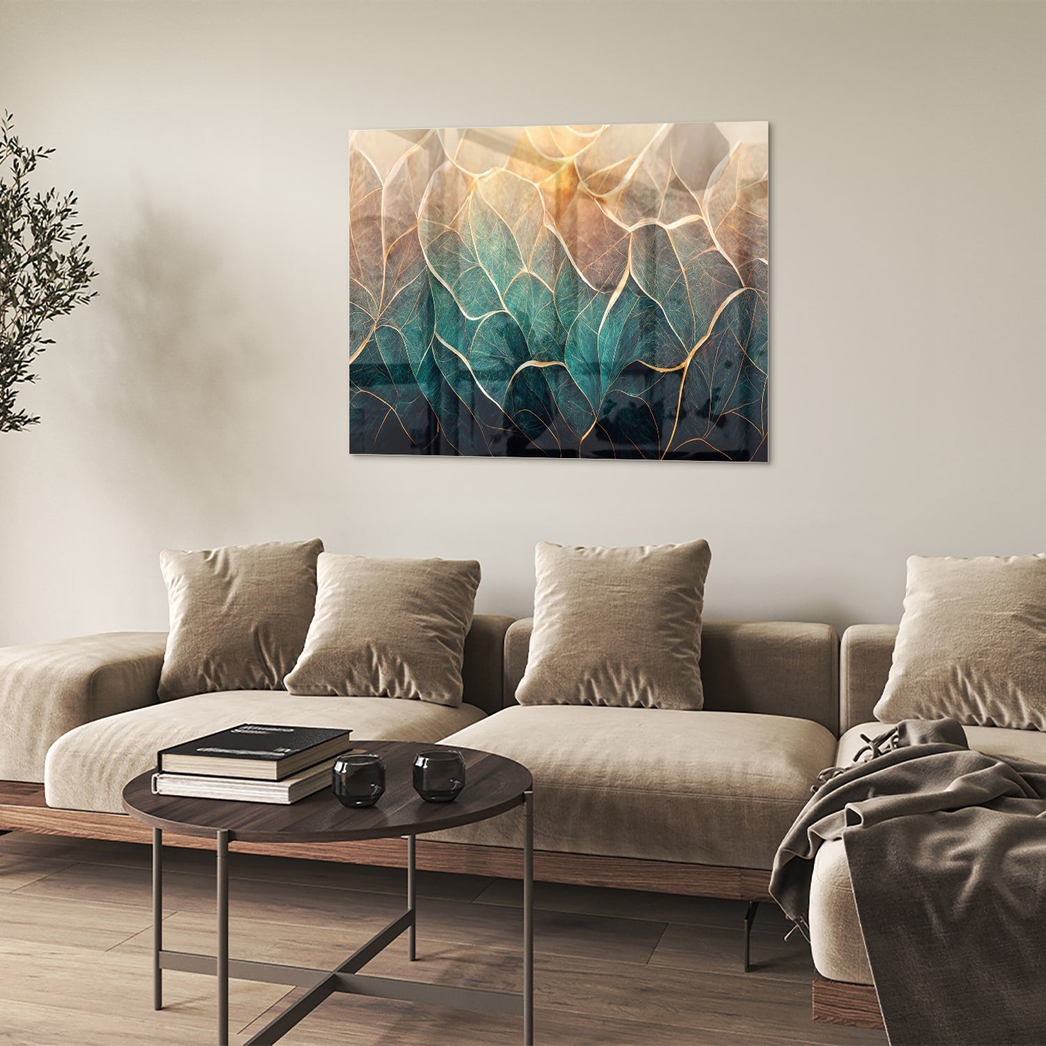Prachtig glazen schilderij met bladeren in turquoise en gouden lijnen.