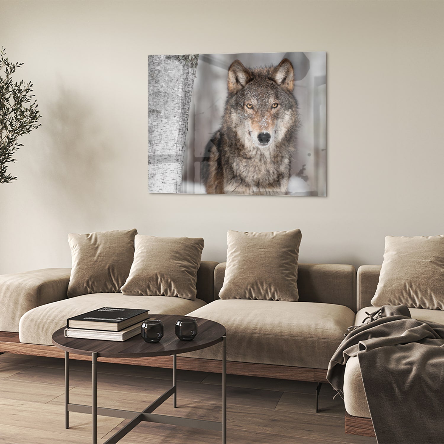 Glazen schilderij van een wolf met indrukwekkende blik in een interieur