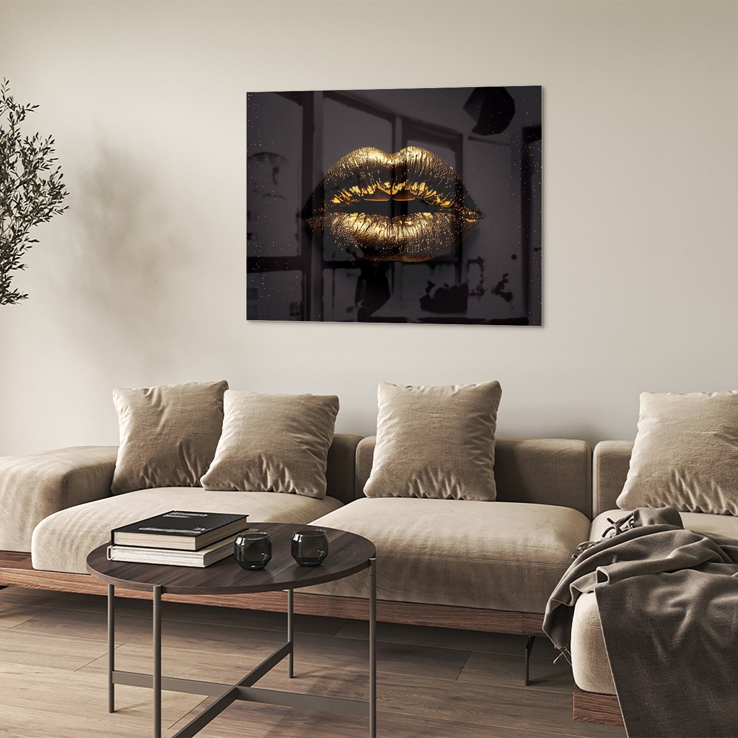 Glazen schilderij met gouden lippen, elegant voor in de woonkamer.