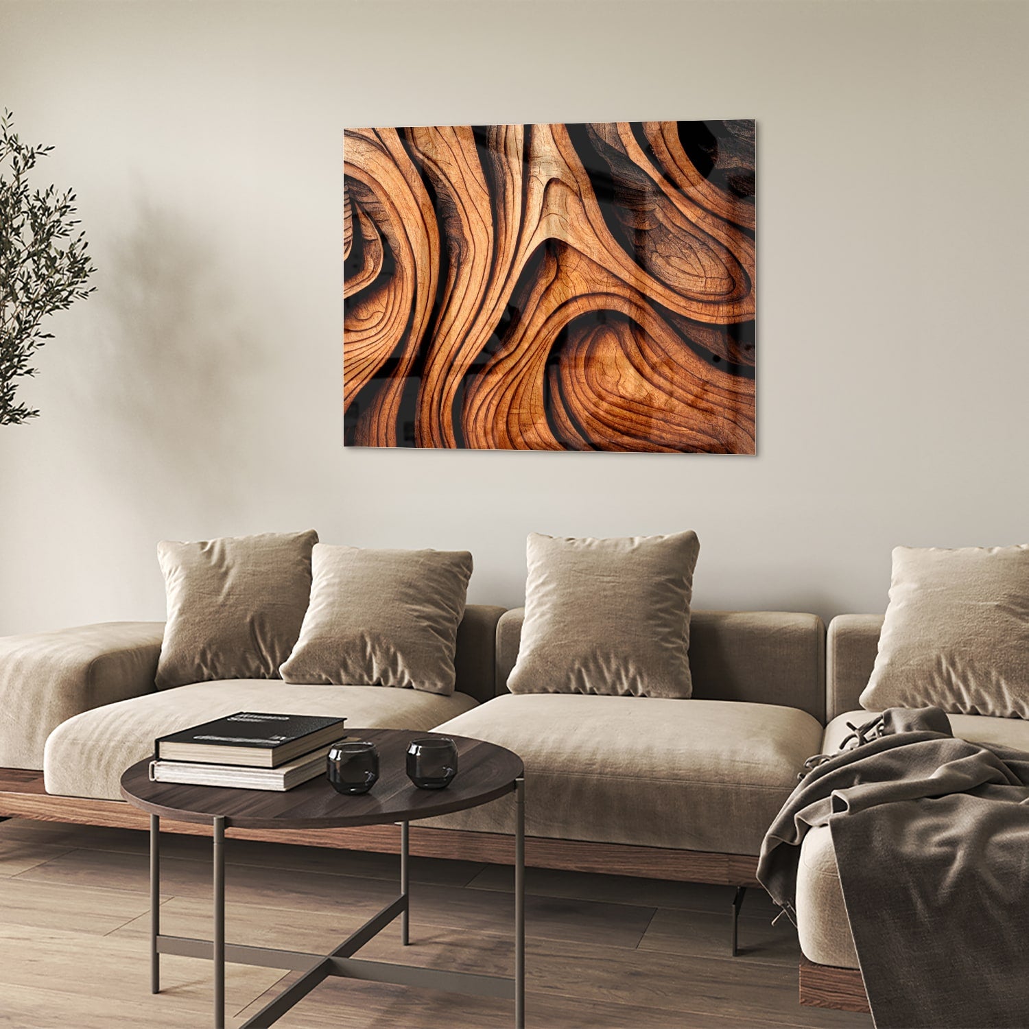 Glas schilderij met houtstrukturen in warme tinten, perfect voor wanddecoratie.