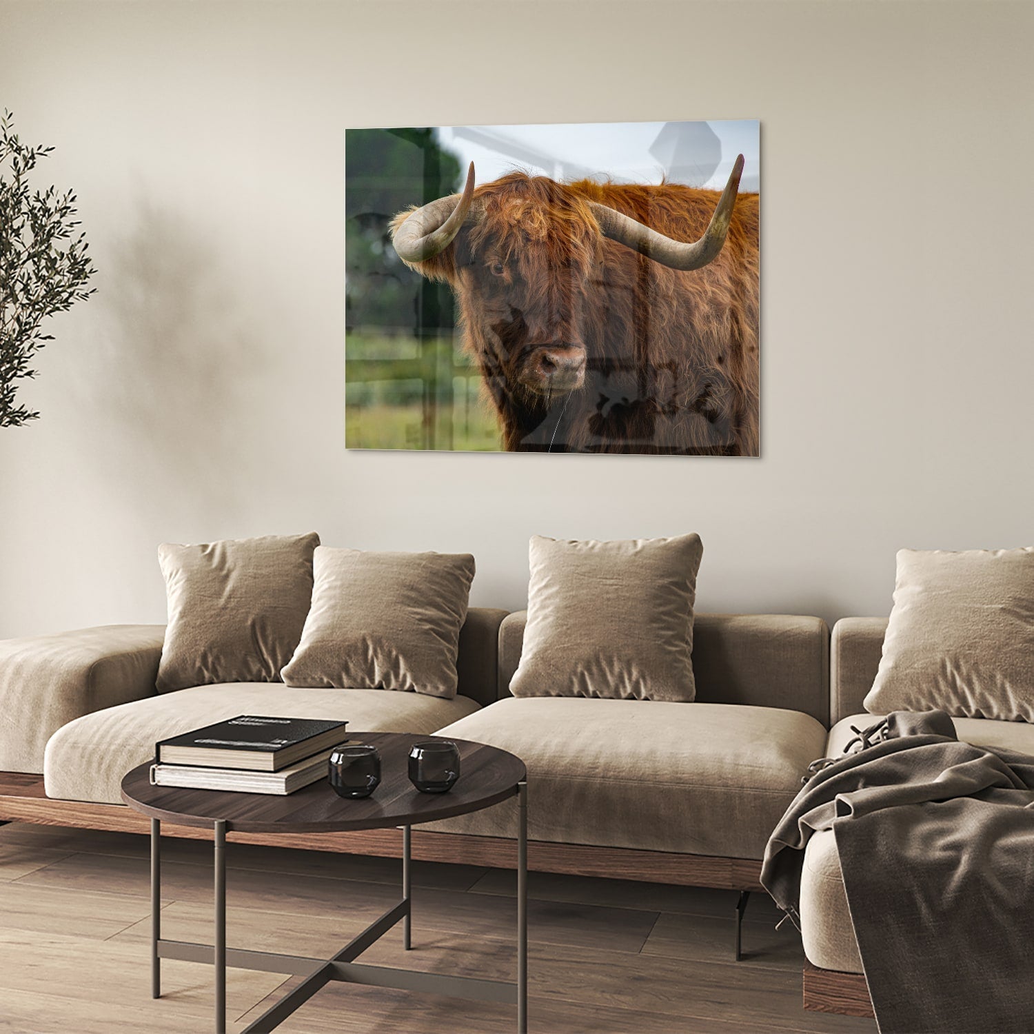 Glas schilderij van een Schotse Hooglander in een moderne woonkamer