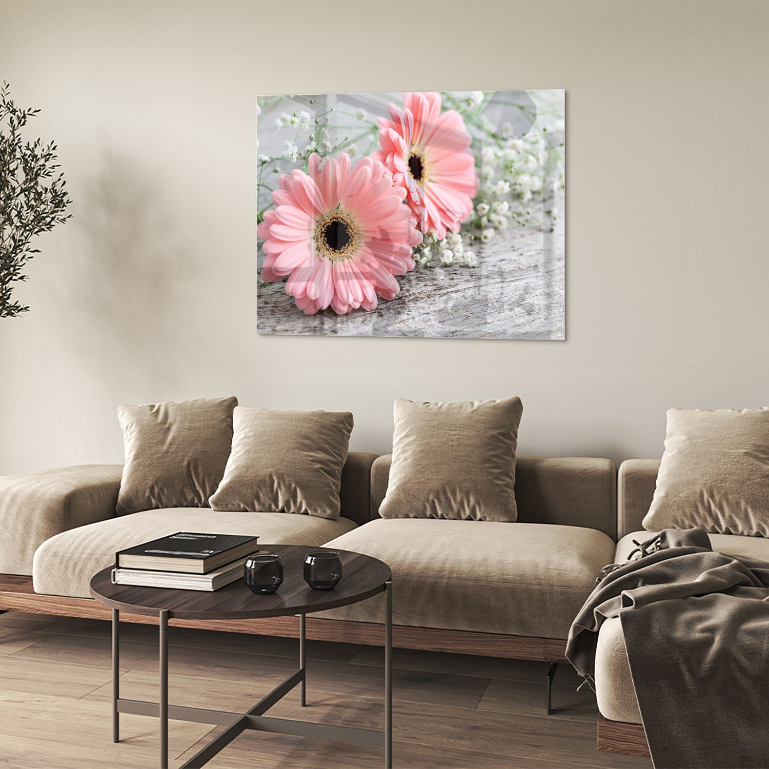 Roze gerbera's op een glazen schilderij, ideaal voor je woonkamer