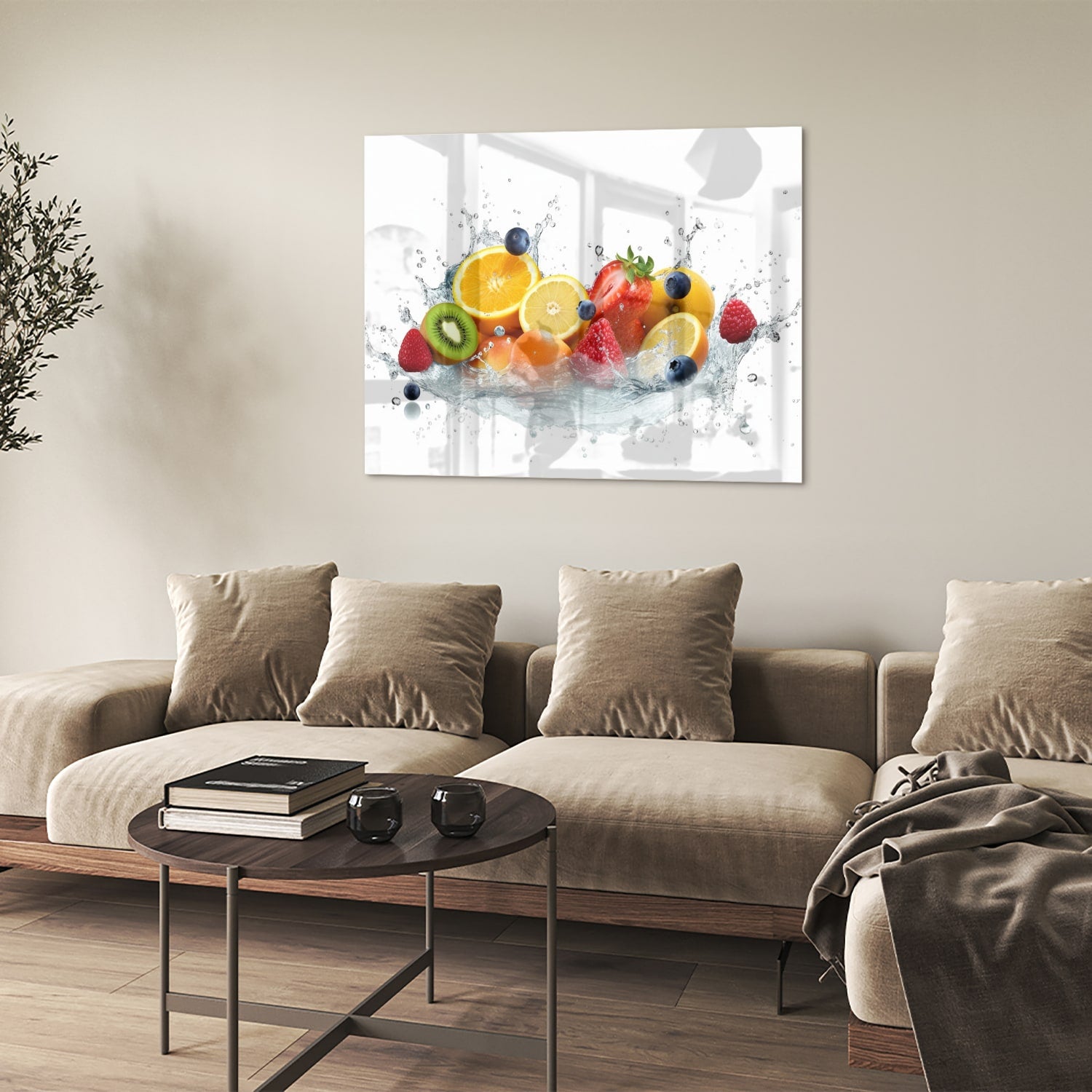 Glazen schilderij van een kleurrijke fruitcompositie aan een muur.