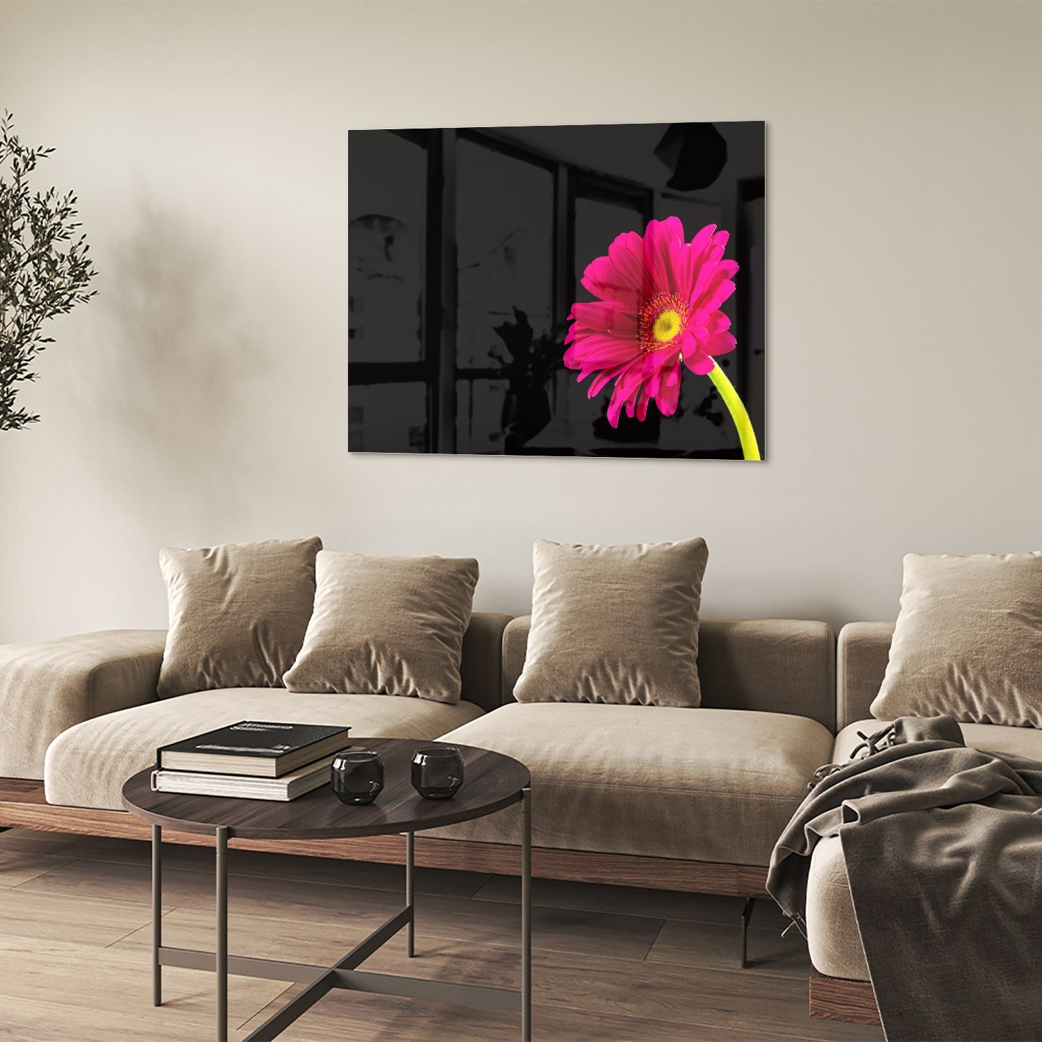Glazen schilderij van een roze gerbera op zwarte achtergrond, perfect voor decoratie