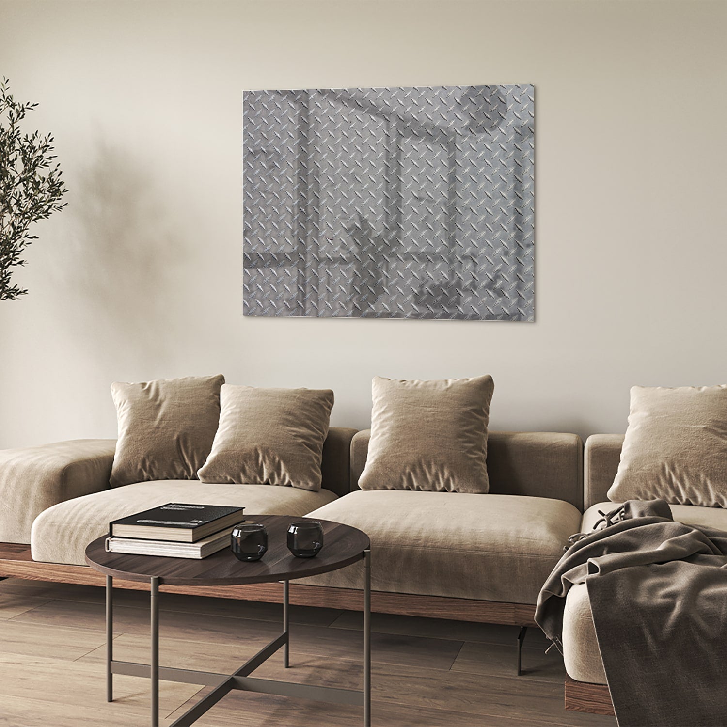 Industrile glazen schilderij met ruitpatroon aan de muur in een modern interieur.