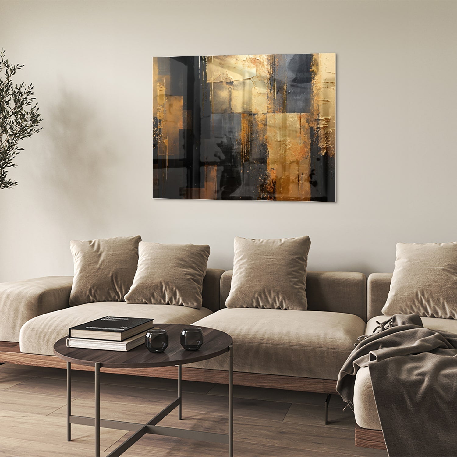 Abstract glazen schilderij in goud en zwart, perfect voor moderne interieurs.