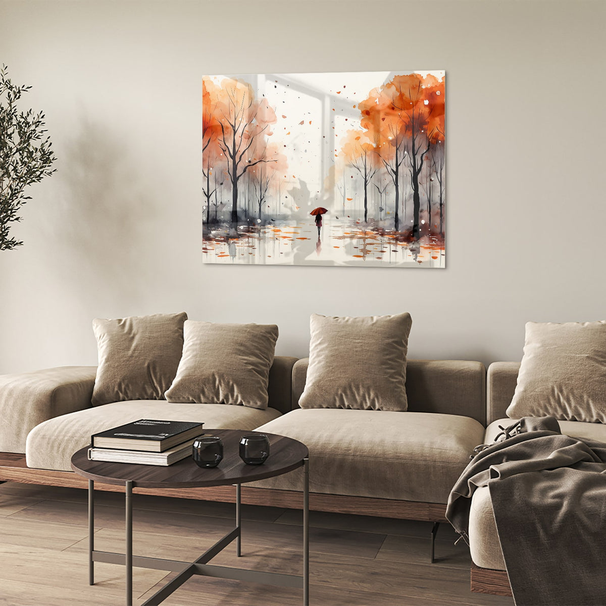 Glazen schilderij van een herfstlandschap met een wandelaar en kleurrijke bomen.
