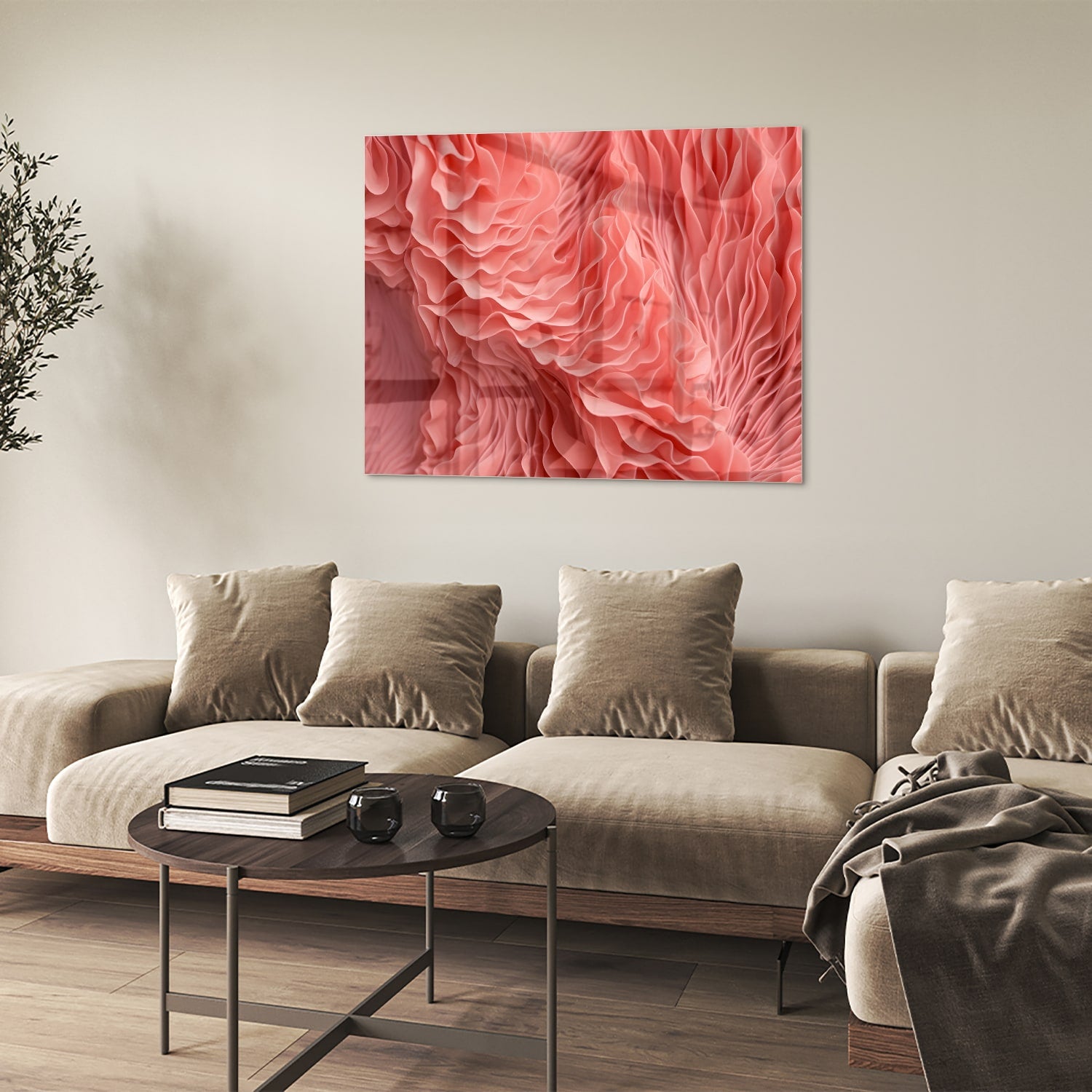 Abstract glazen schilderij in roze met golvende patronen, perfect voor wanddecoratie.