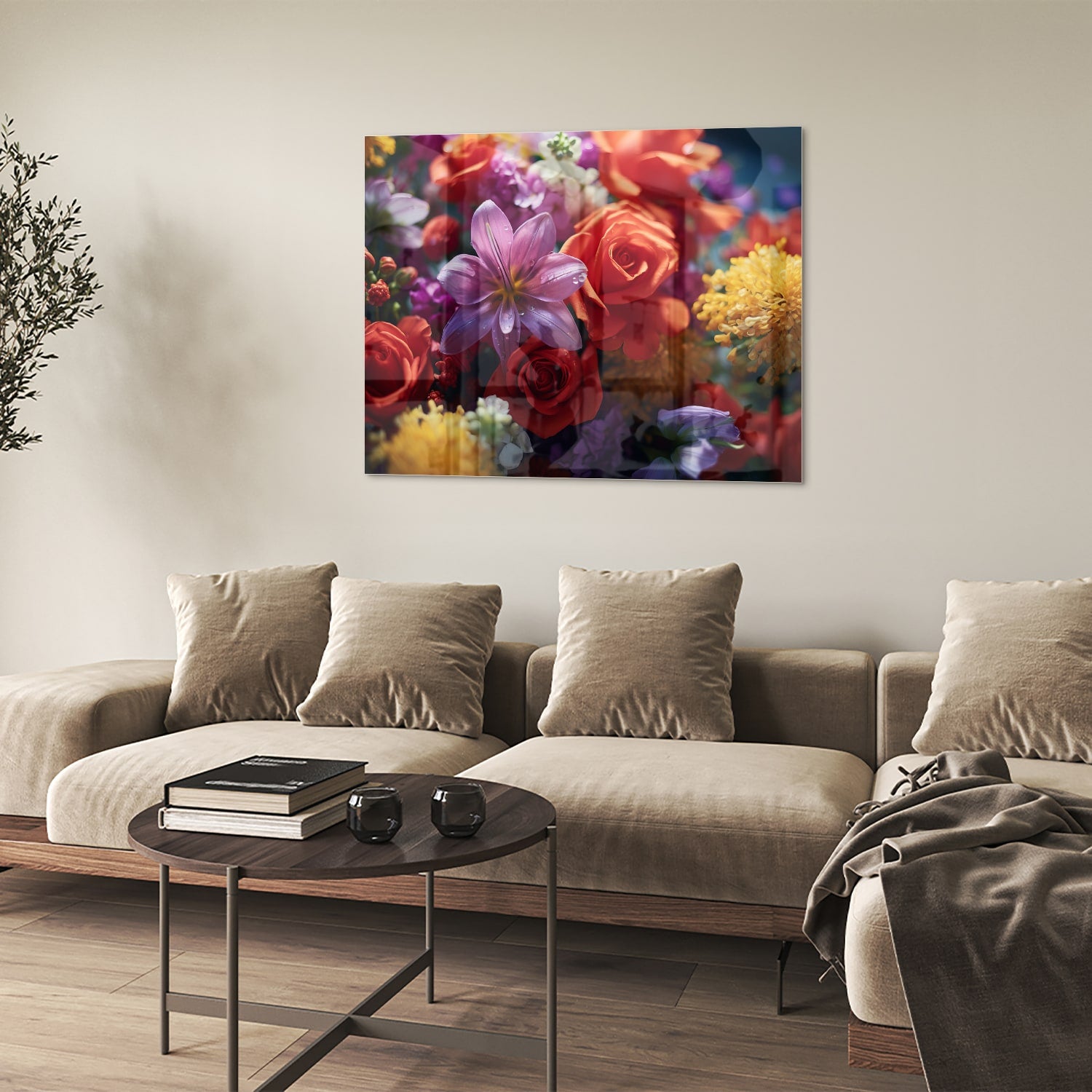 Kleurrijk glazen schilderij met een prachtige bloemencompositie.
