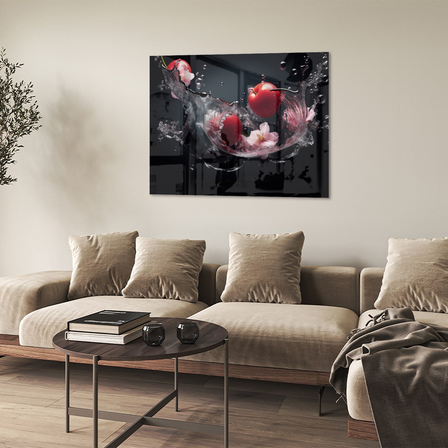 Glazen schilderij met roze bloemen en waterdruppels op een zwarte achtergrond.