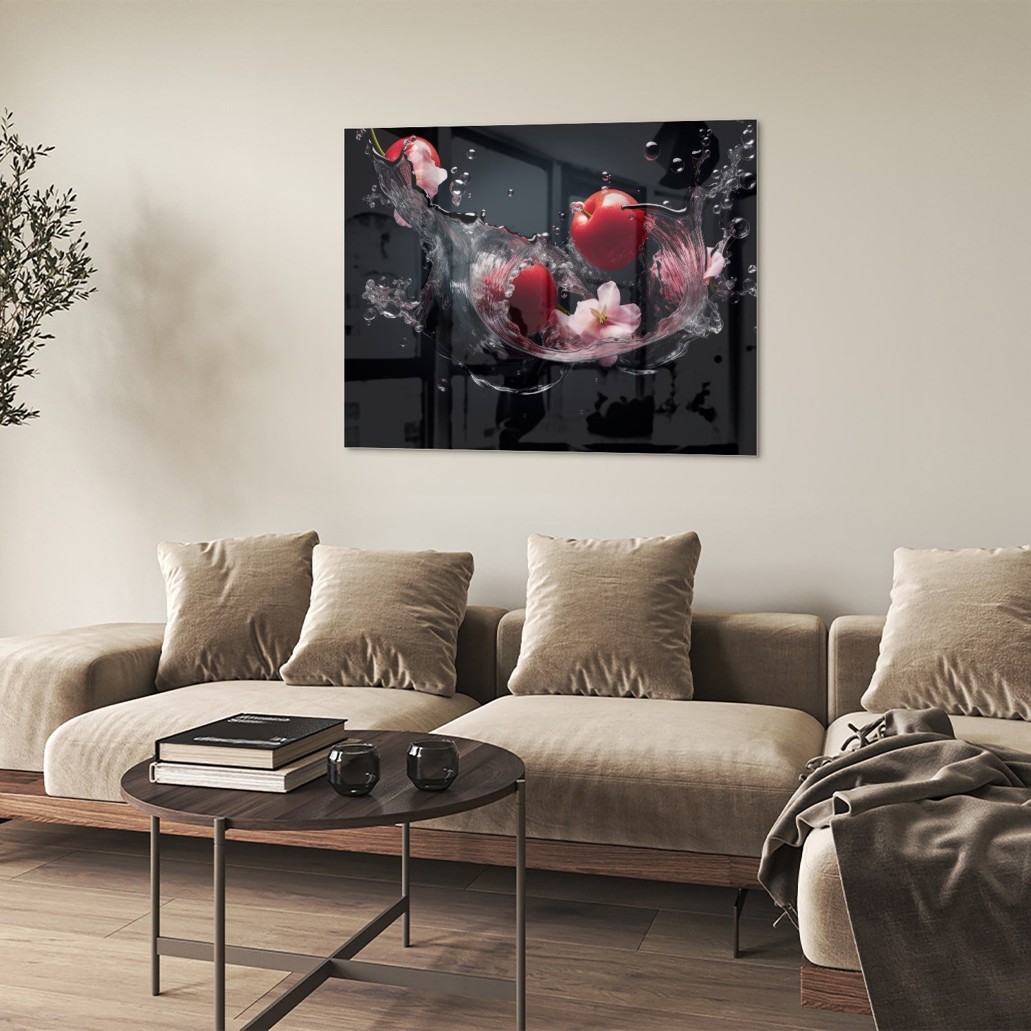 Glazen schilderij met roze bloemen en waterdruppels op een zwarte achtergrond.