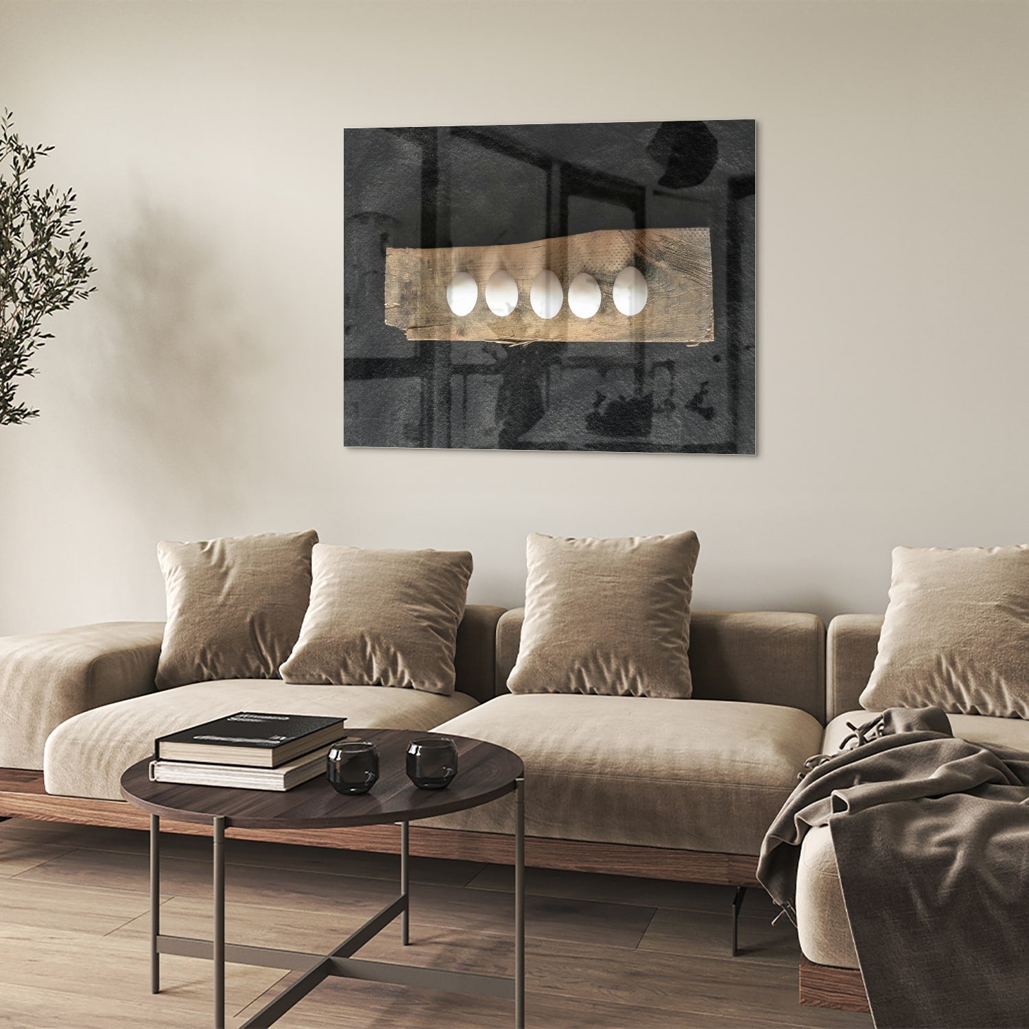 Elegant glazen schilderij met vier lichtpunten, perfect voor moderne interieurs.