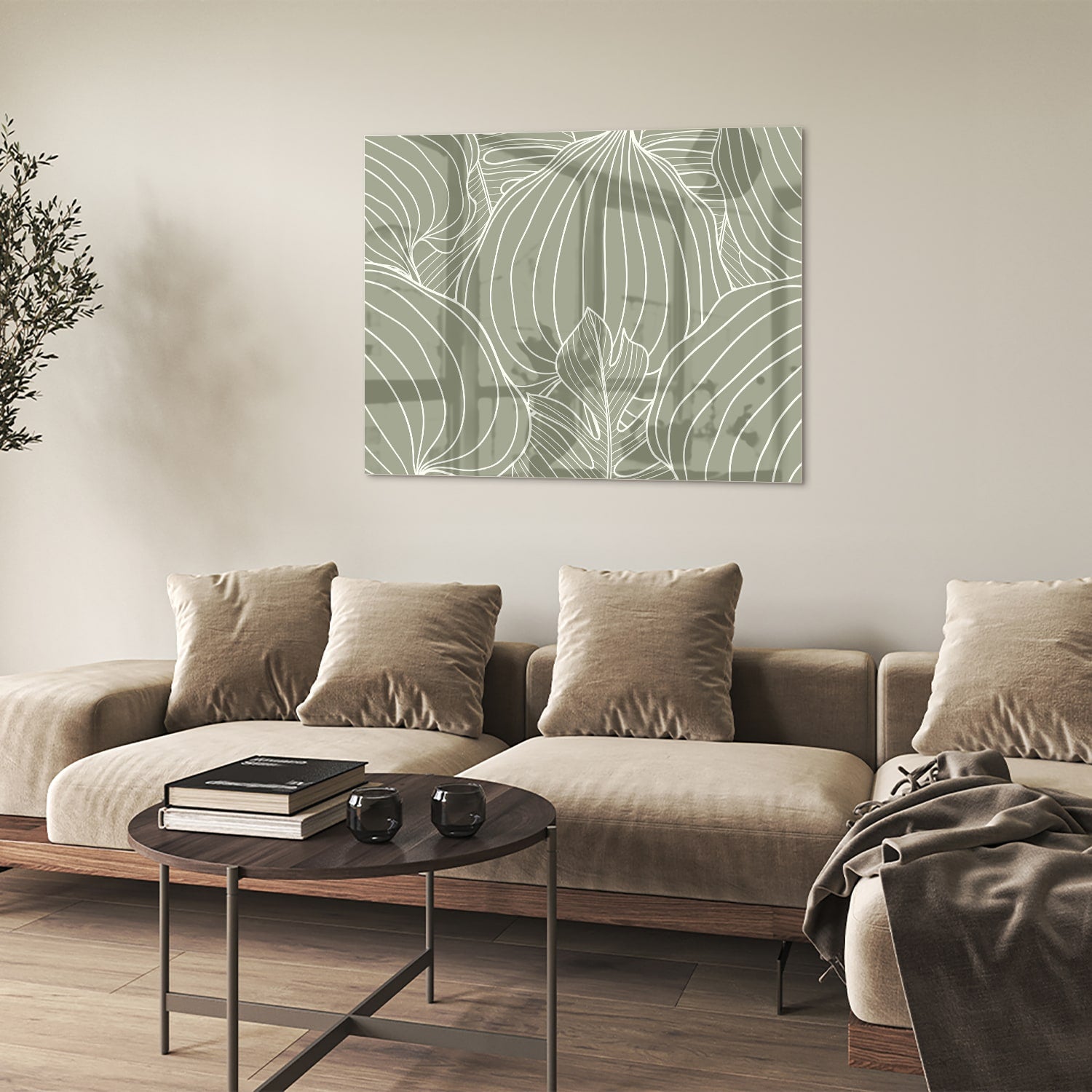 Glazen schilderij met lijnen in aardetinten aan de muur, stijlvolle woonkamer