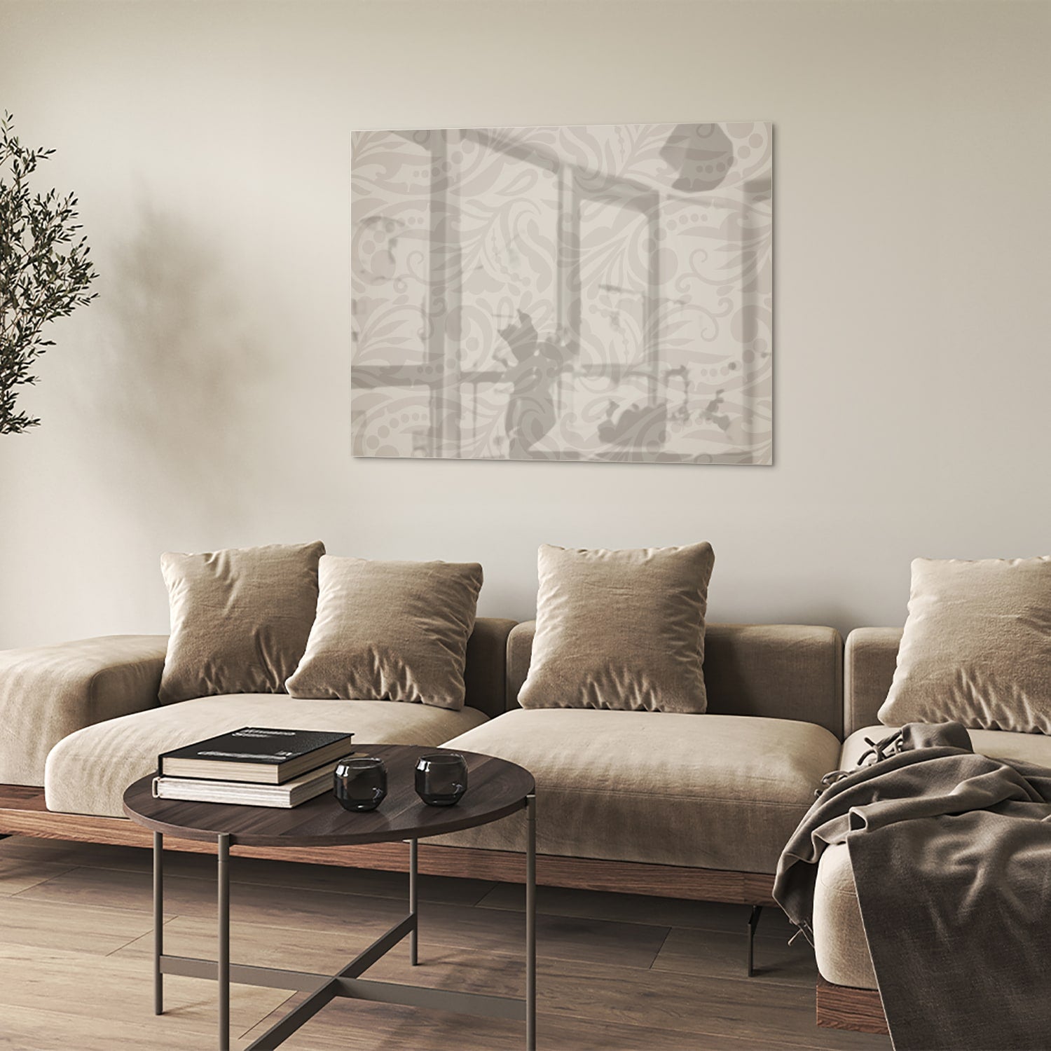Elegante glazen schilderij met subtiel patroon aan de wand