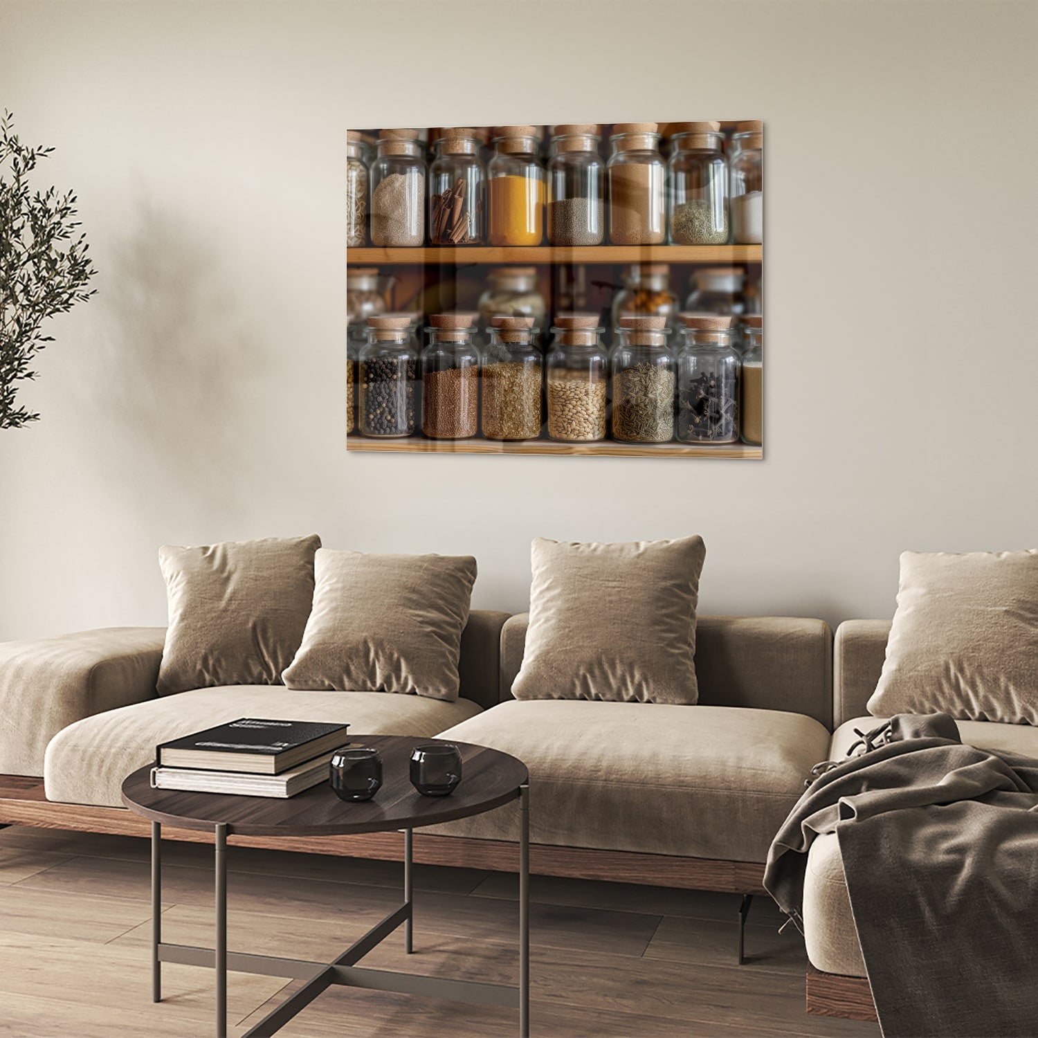 Glazen schilderij met een houten plank vol Mason jars gevuld met specerijen.