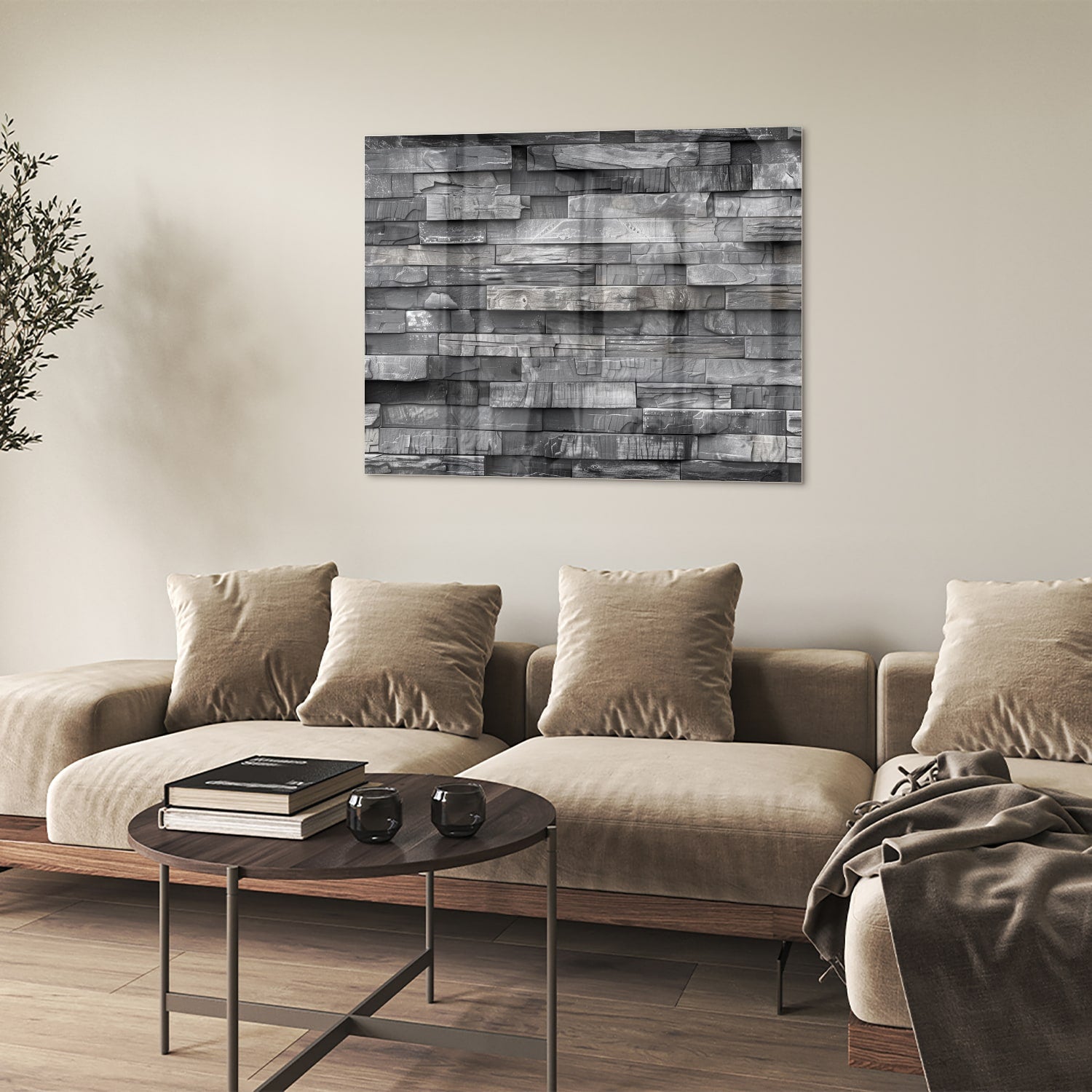 Moderne glazen schilderij met grijze texturen aan een lichte muur.