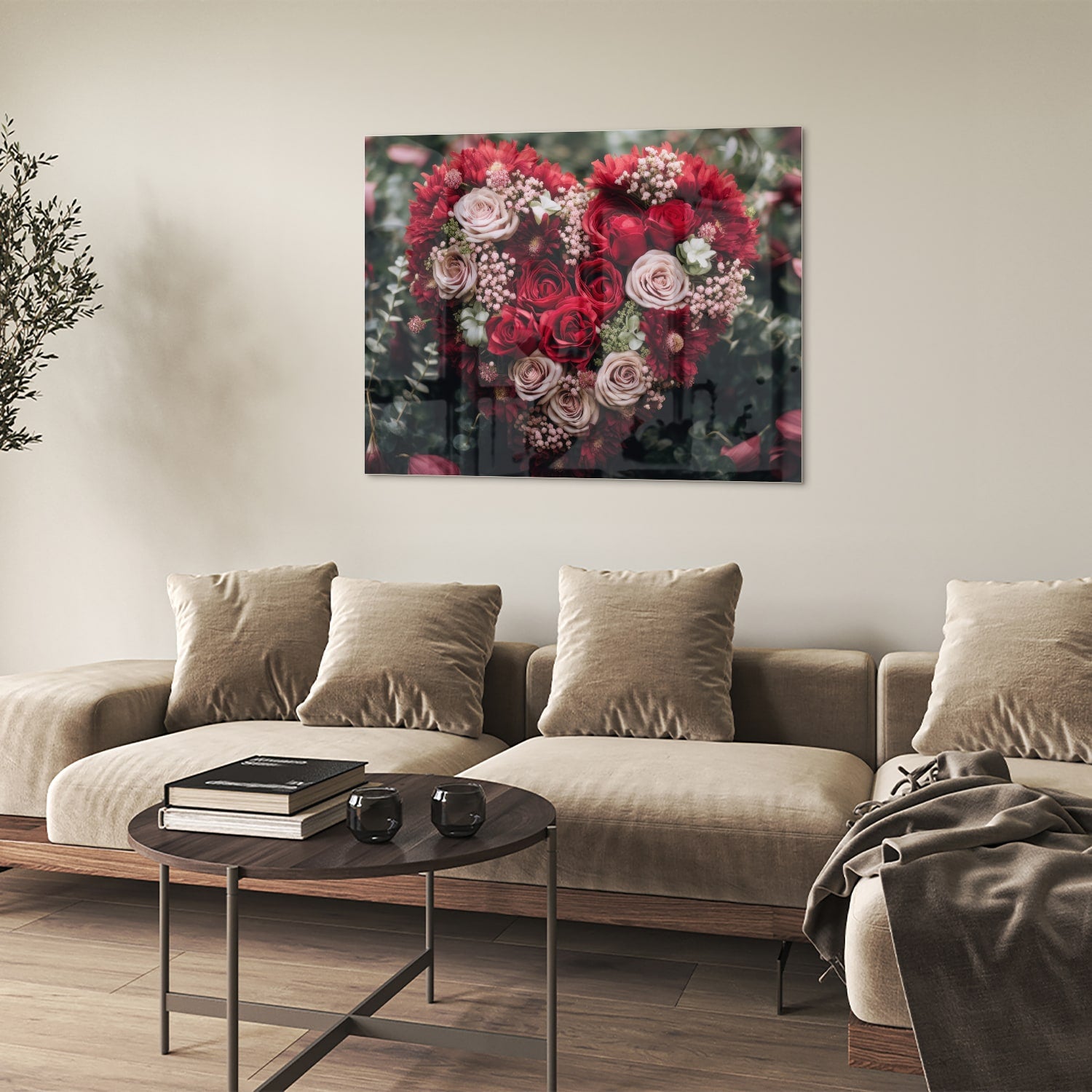 Glazen schilderij met hartvormige bloemmotieven in rood en roze