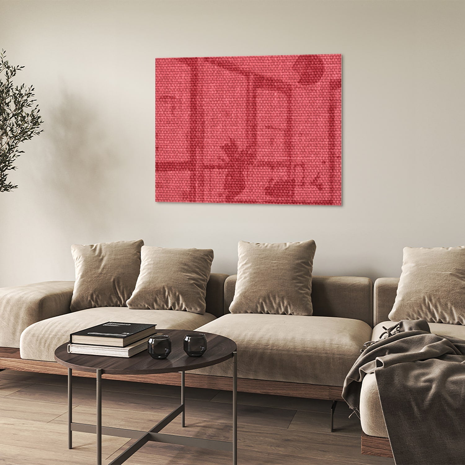 Modern glazen schilderij in helder rood aan de muur boven een licht houten kast.