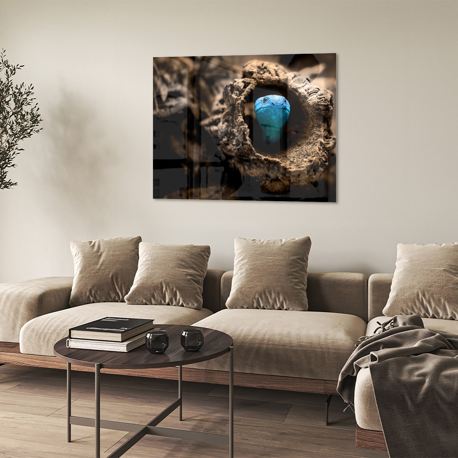 Glas schilderij met een blauwe parel in een nest, stijlvol en modern.