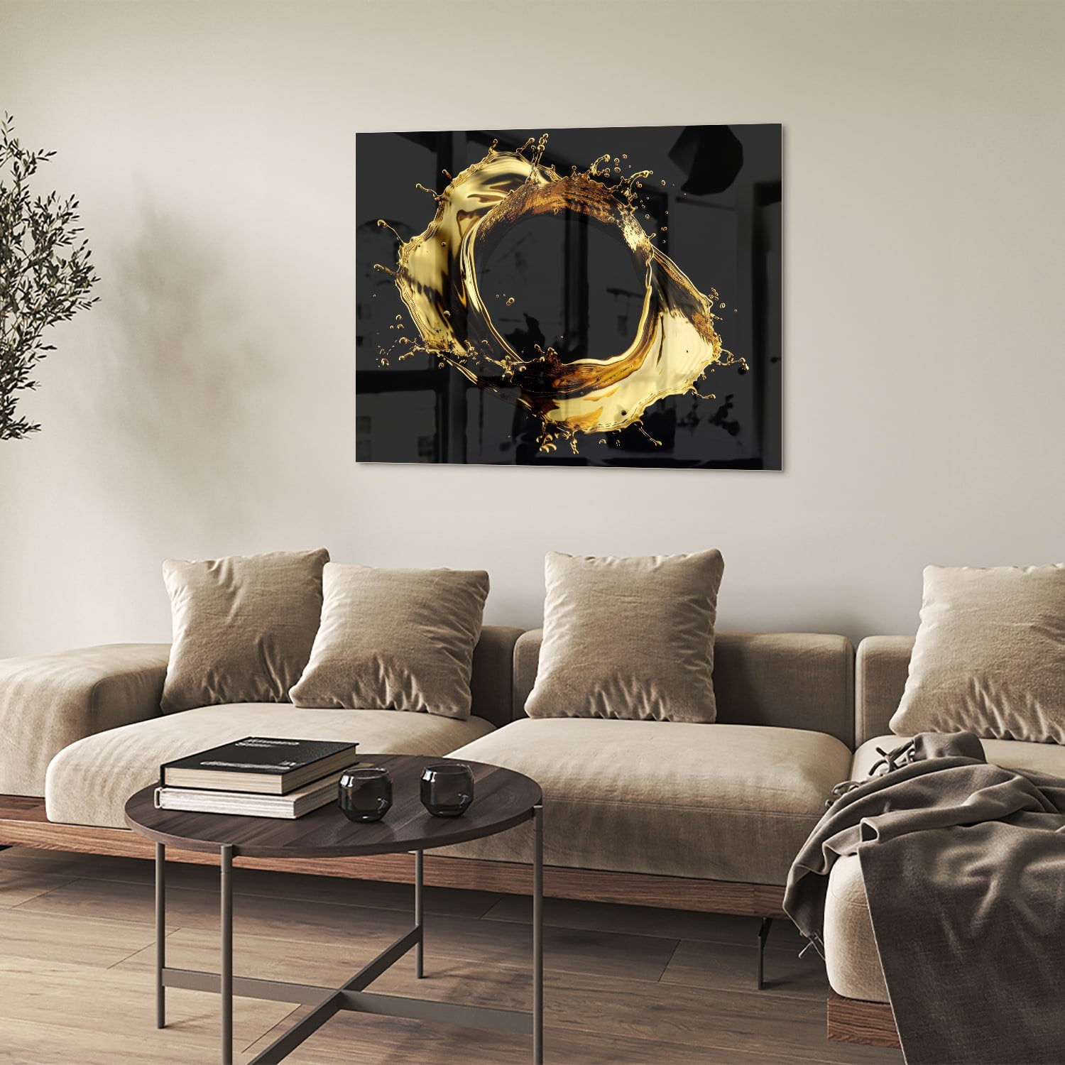 Luxe glazen schilderij met gouden spatten op zwarte achtergrond