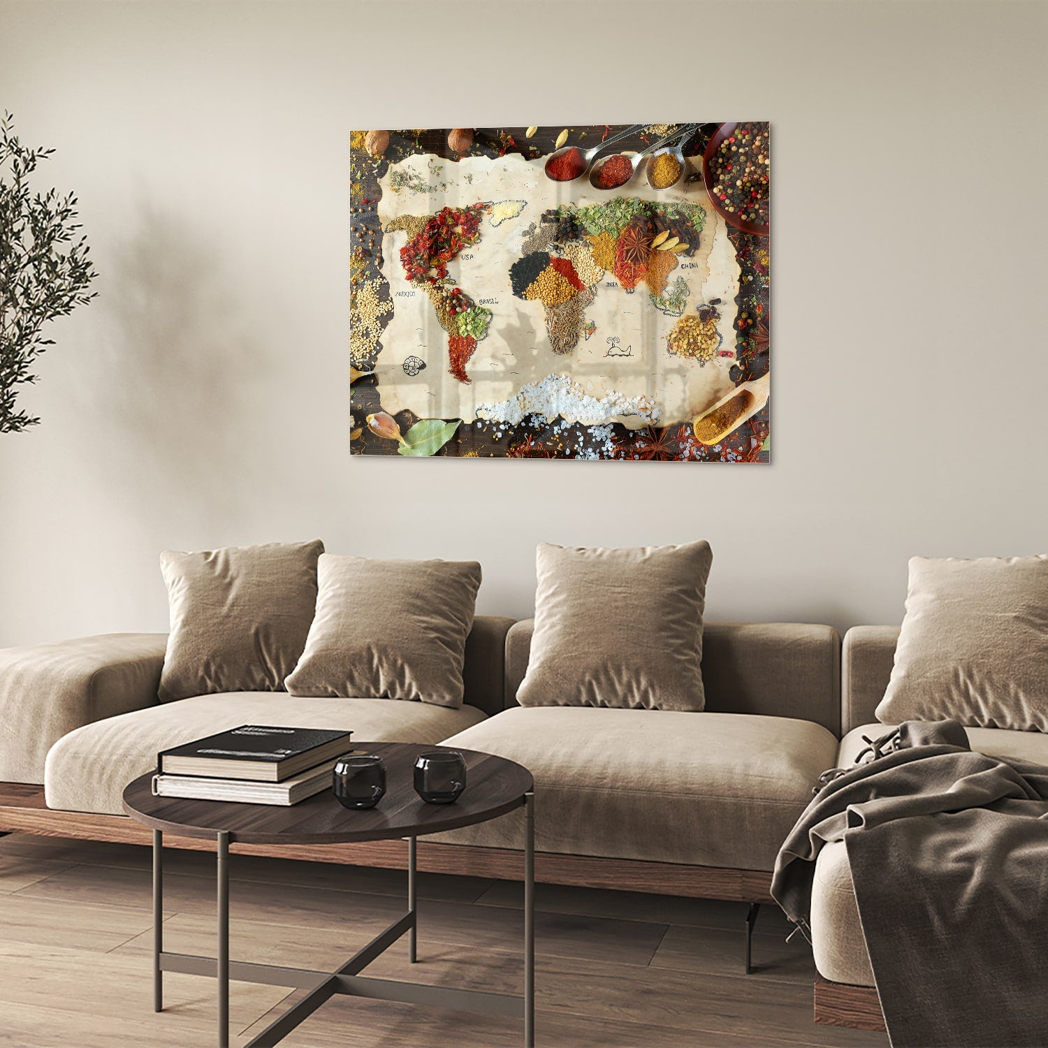 Kleurrijk glazen schilderij met een artistieke weergave van fruit en specerijen aan de muur.
