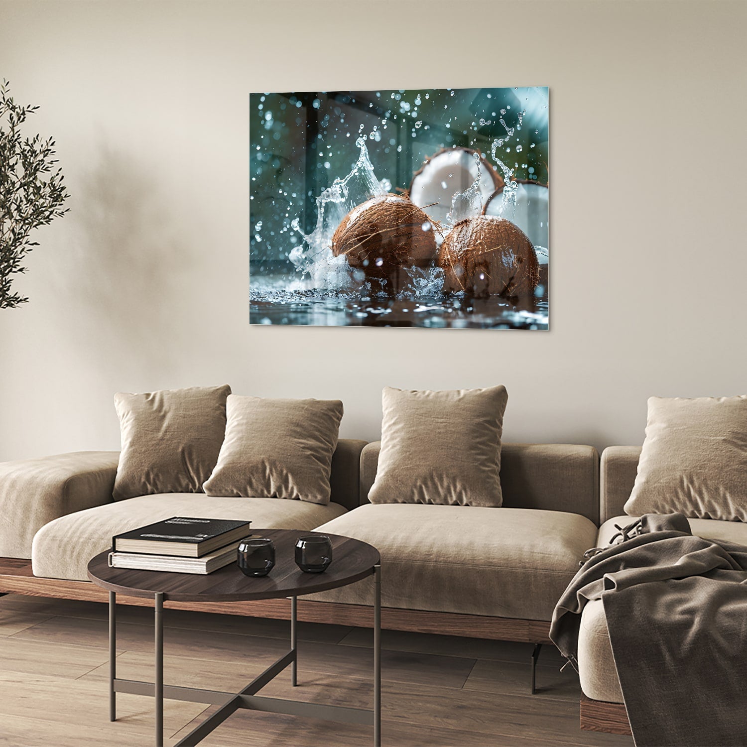Glas schilderij van kokosnoten met spetters water, perfect voor wanddecoratie.