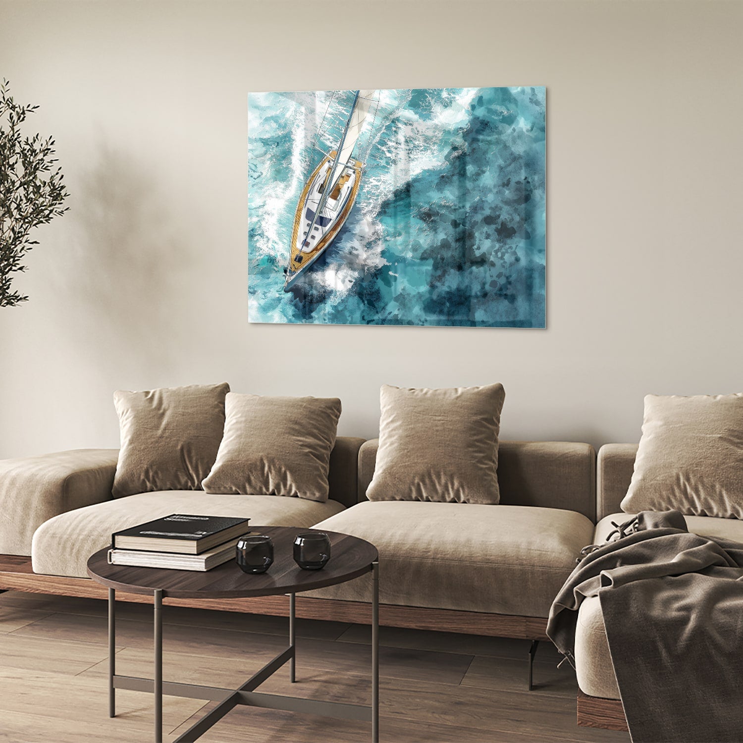 Glazen schilderij van een jacht die over een turquoise zee vaart.