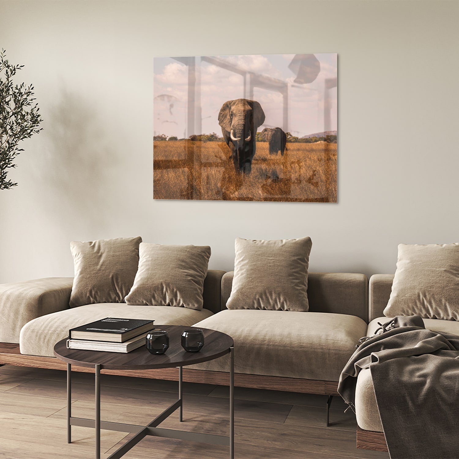 Glazen schilderij van twee olifanten in een gouden graslandschap