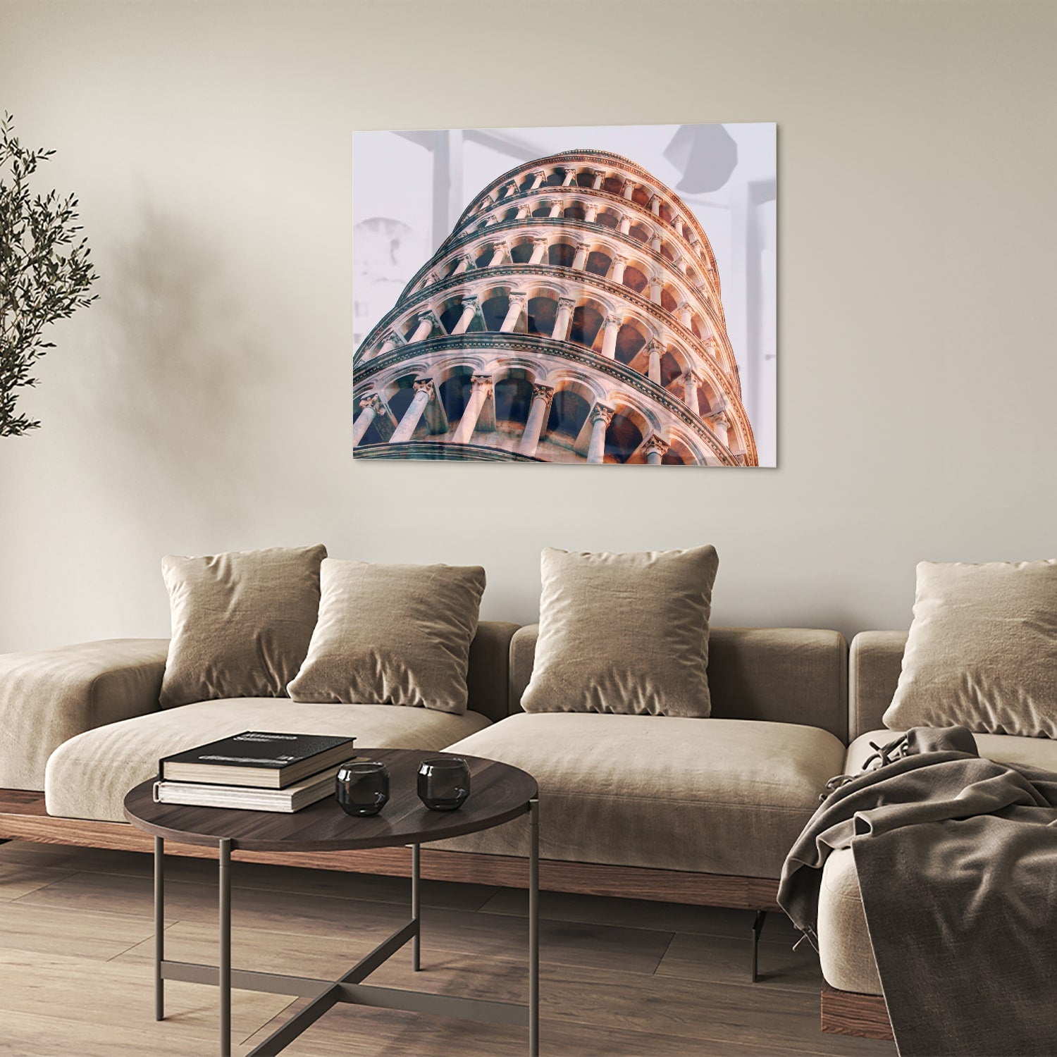 Glazen schilderij van de Scheve Toren van Pisa in warm tinten