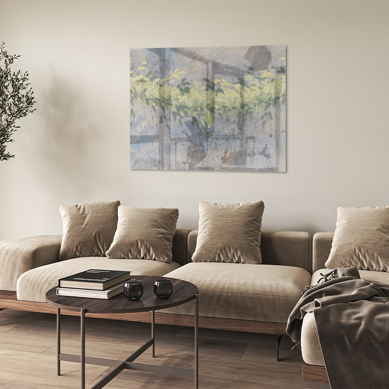 Glazen schilderij van gele bloemen in een lichte kamer