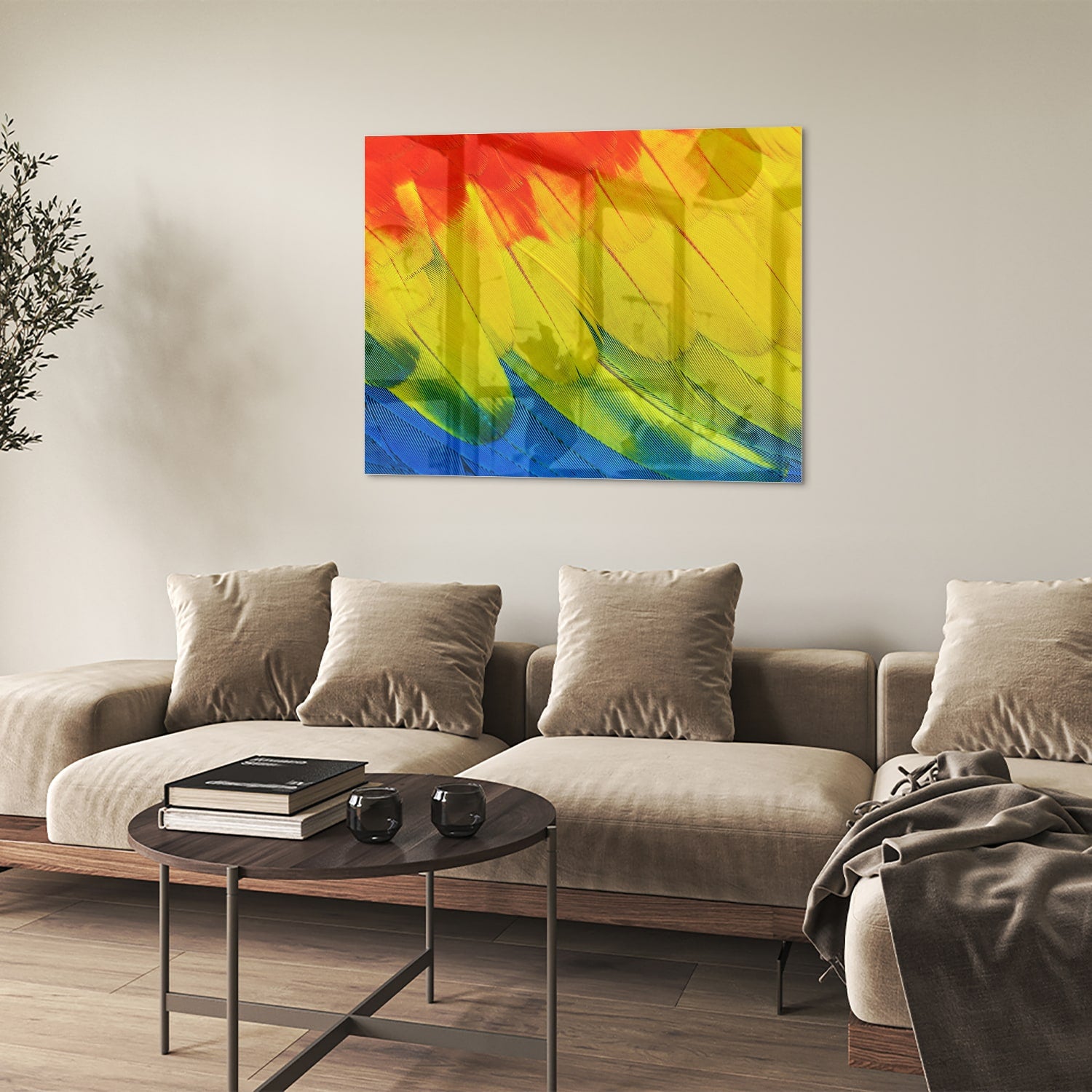Abstract glazen schilderij met kleurrijke golven in rood, geel en blauw