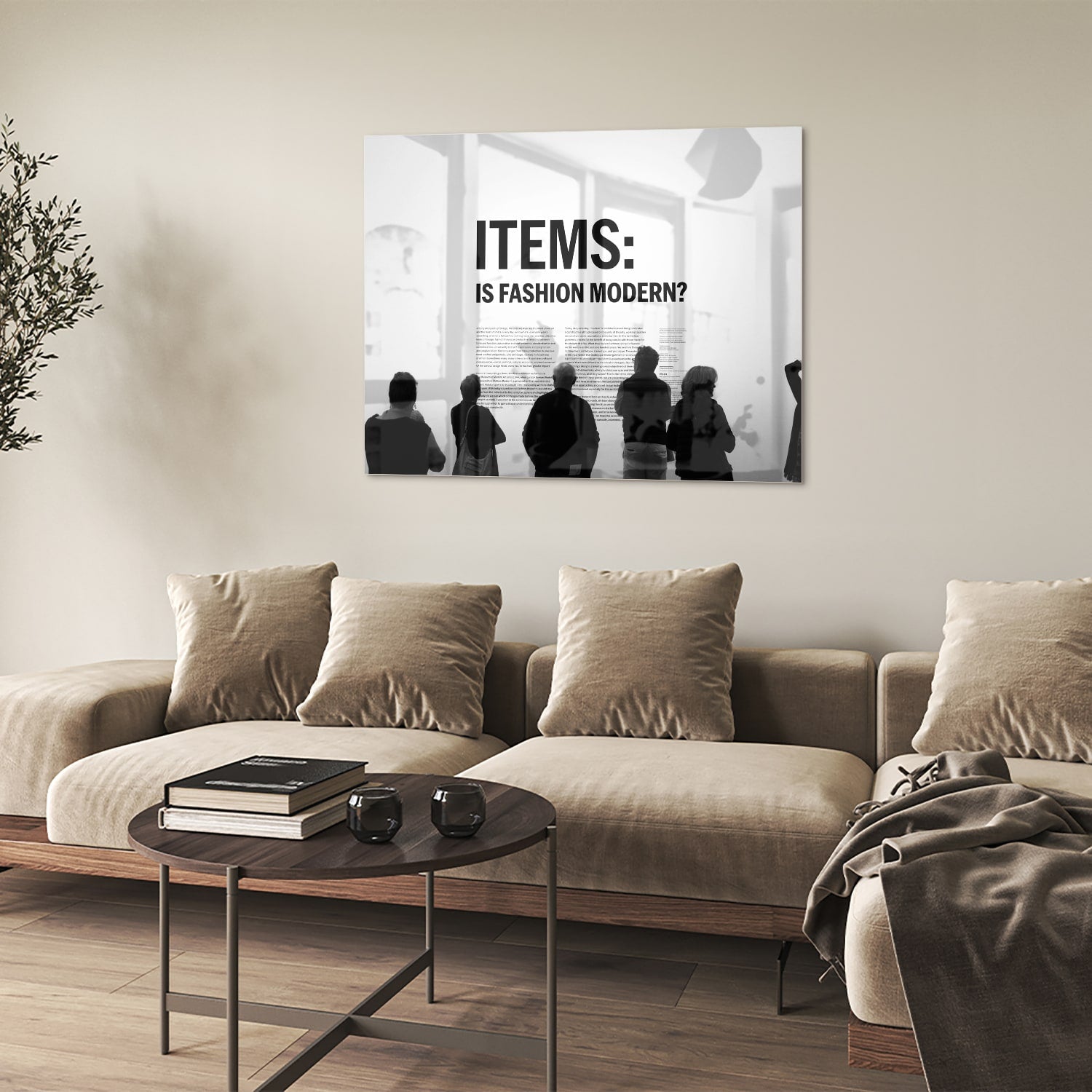 Glazen schilderij met de tekst 'ITEMS: IS FASHION MODERN?', stijlvol gepresenteerd boven een houten meubel.