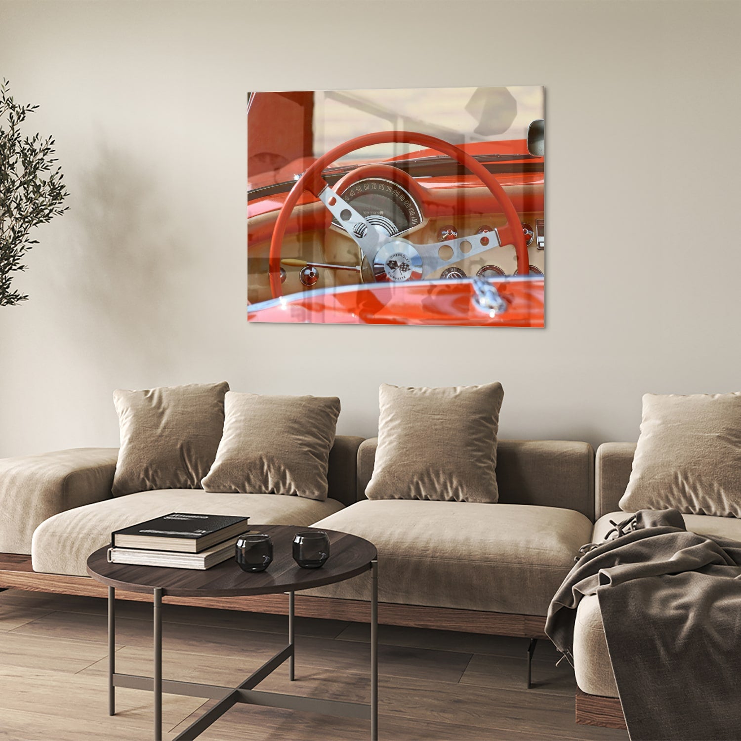 Glazen schilderij van een retro auto interieur met een rood stuur
