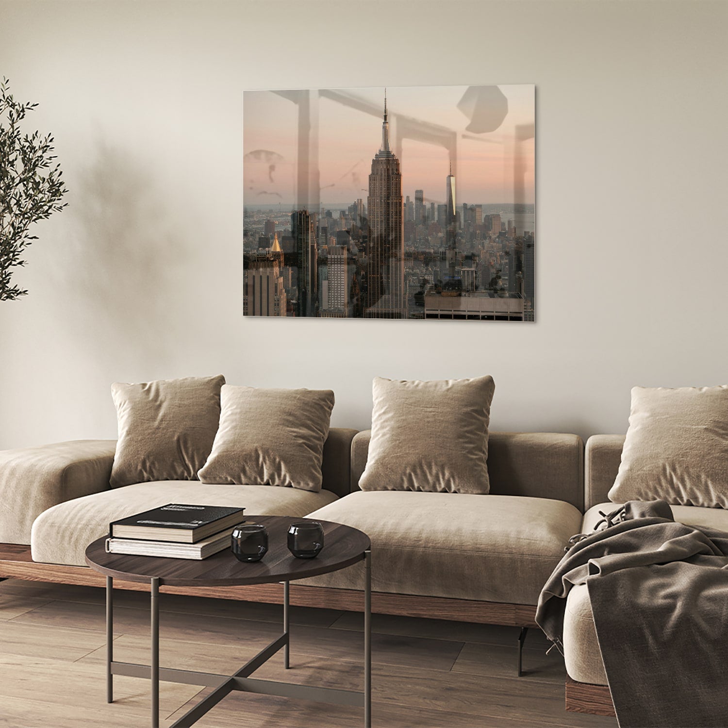 Glazen schilderij van de Empire State Building met een mooie zonsondergang