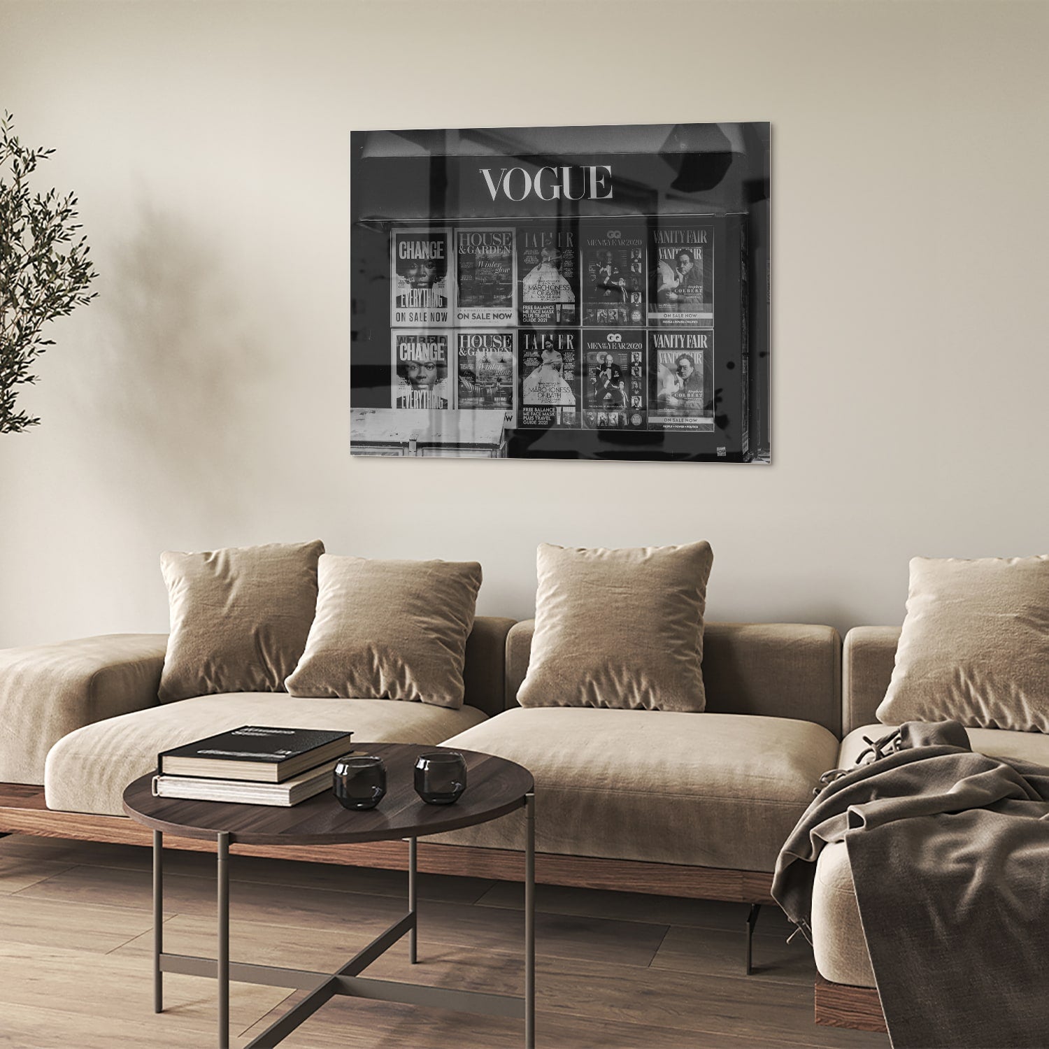 Glazen schilderij van Vogue met modecovers in modern interieur