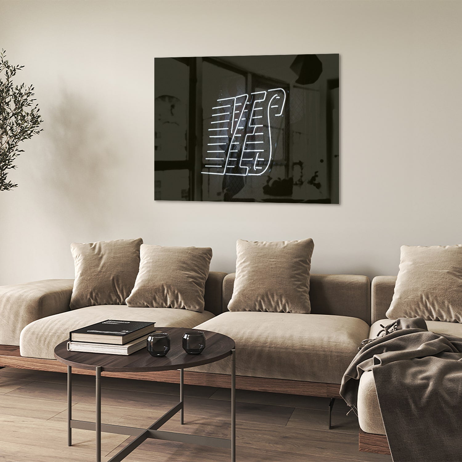 Glazen schilderij met 'YES' text in zwart en wit, hangend aan de muur.