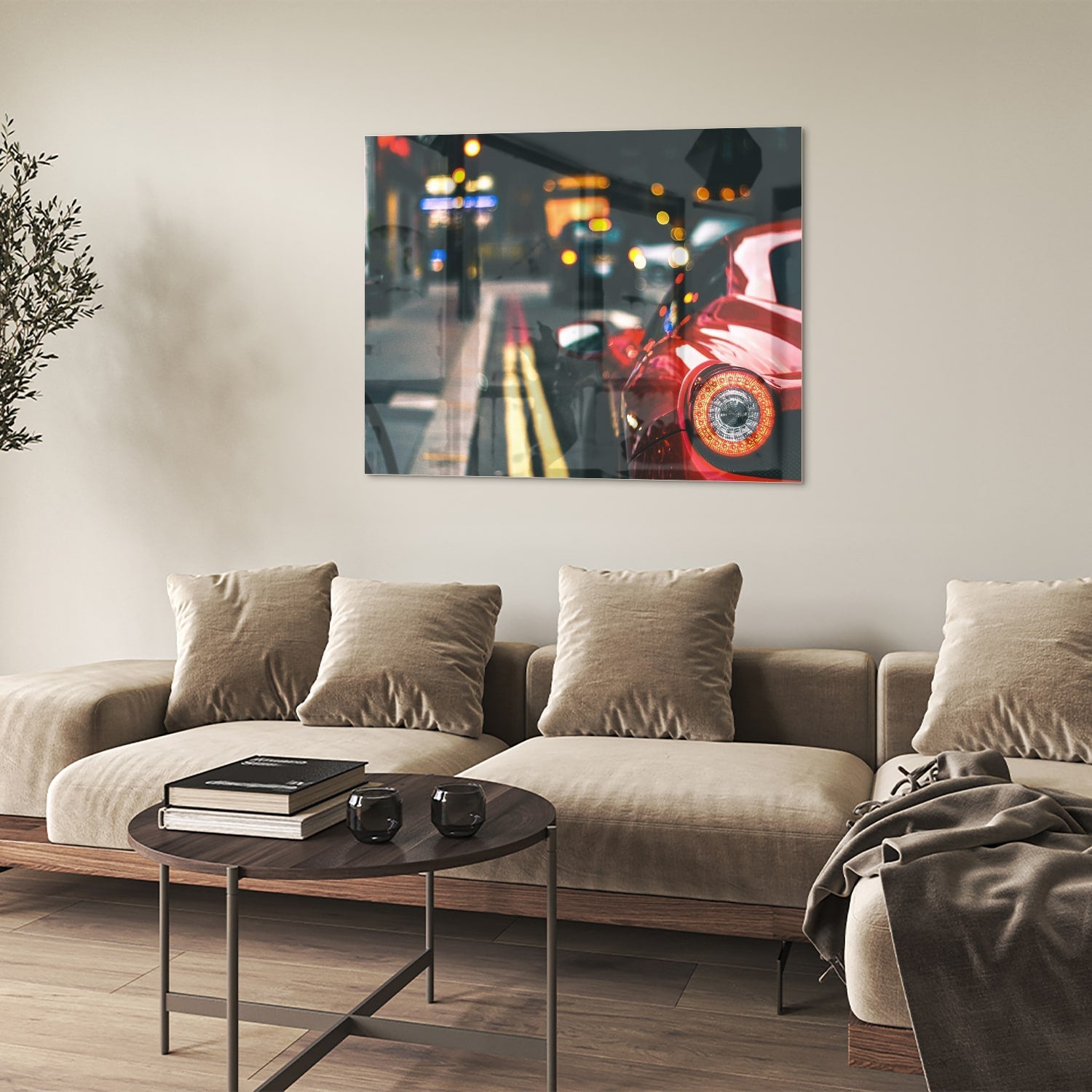 Glazen schilderij van een rode auto in een stedelijke omgeving