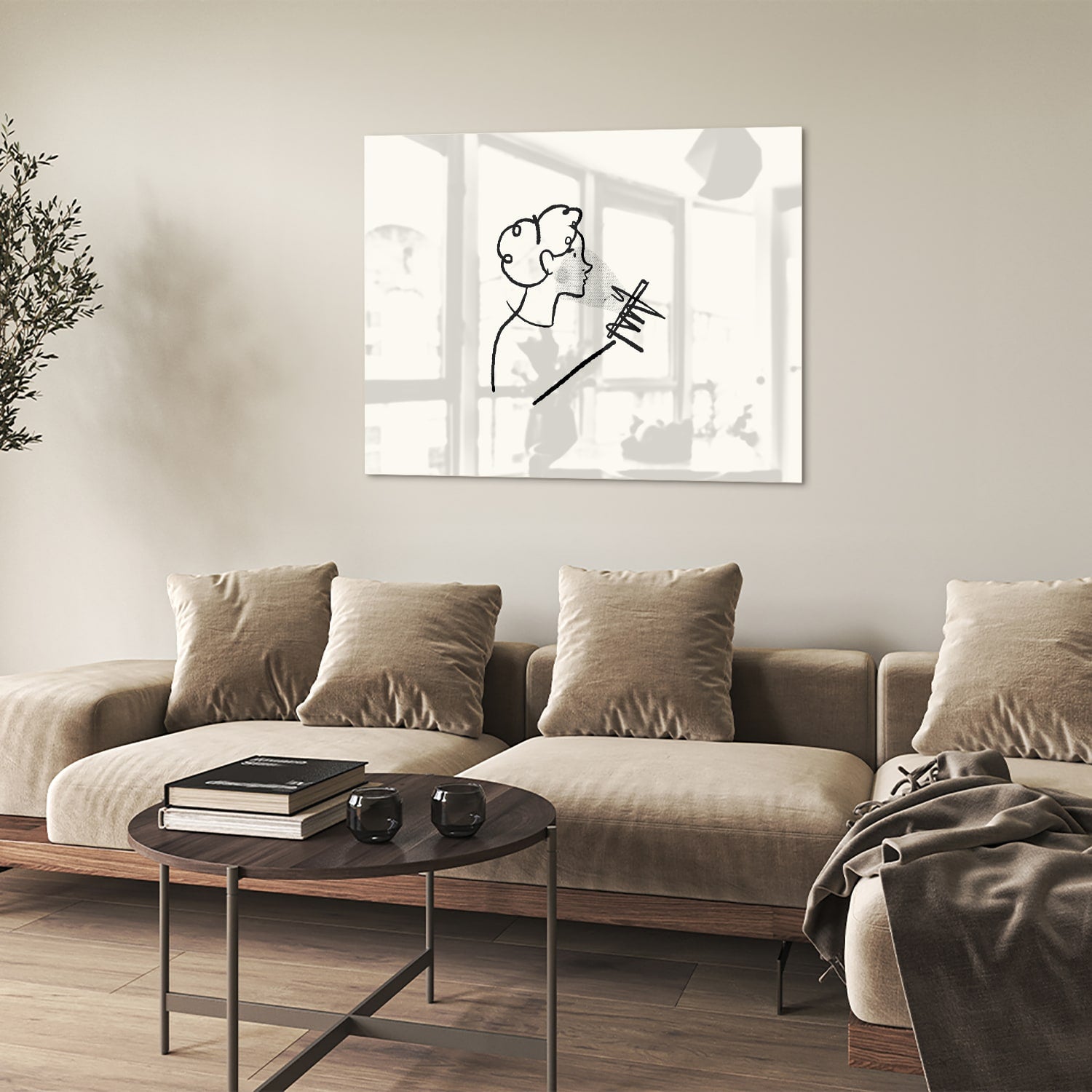 Minimalistisch glazen schilderij met abstracte lijntekening van een figuur.