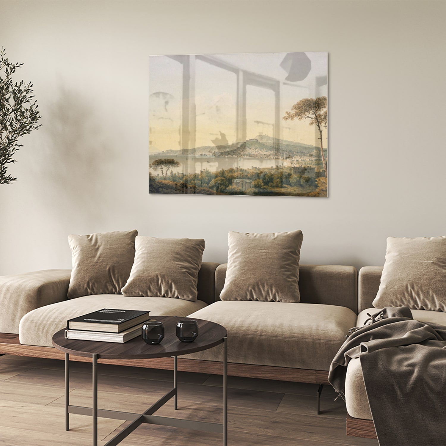 Glazenschilderij van een rustiek landschap met bergen en zonsopgang.