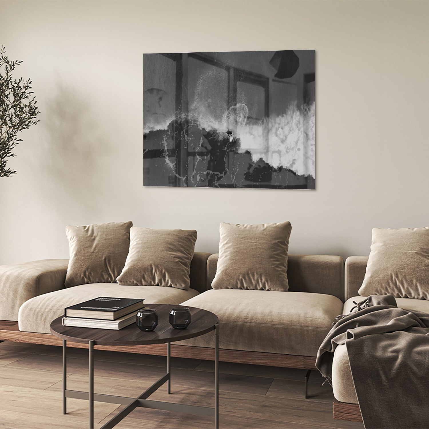 Abstract glazen schilderij in zwart-wit, perfect voor moderne interieurs.